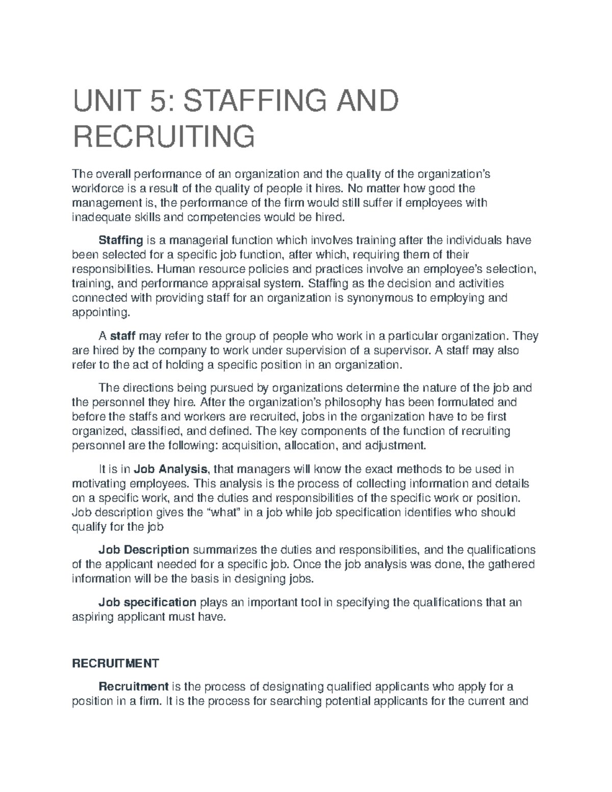 UNIT 5 - unit 5 organization and management - UNI T 5: STAFFI NG AND ...