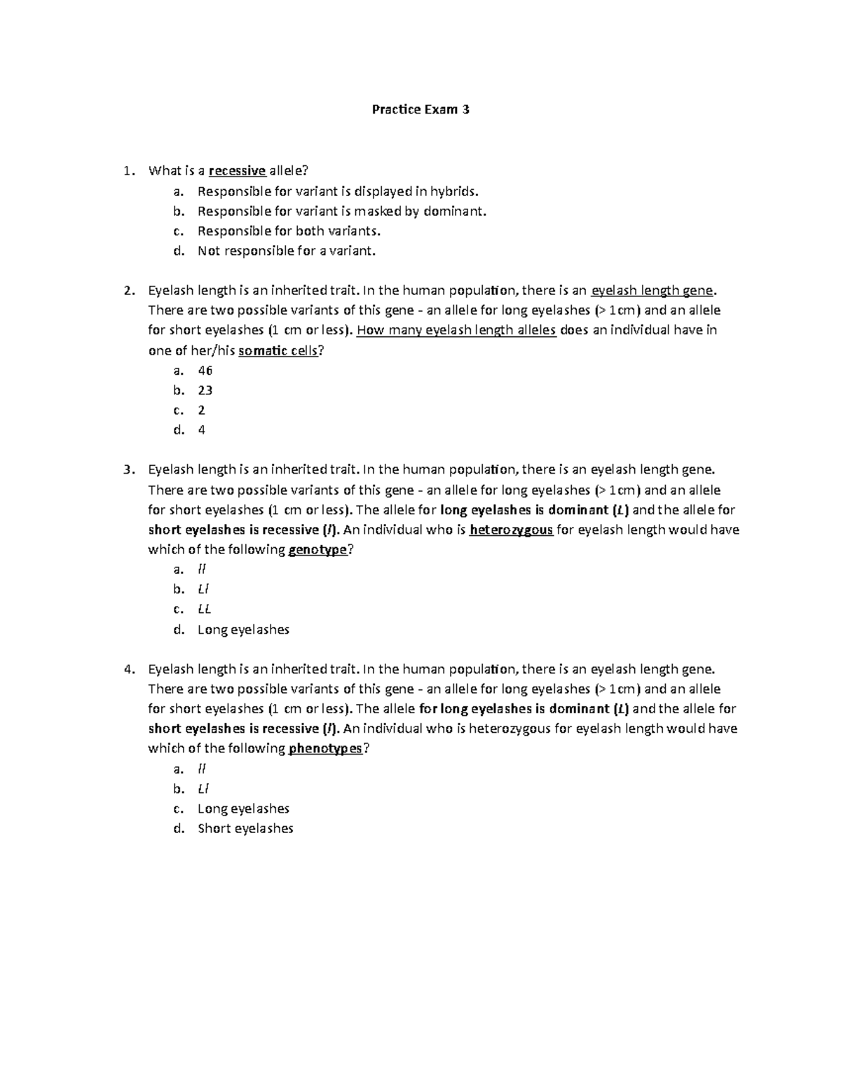 Practice+Exam+3 - Practice Exam 3 - Practice Exam 3 What is a recessive ...