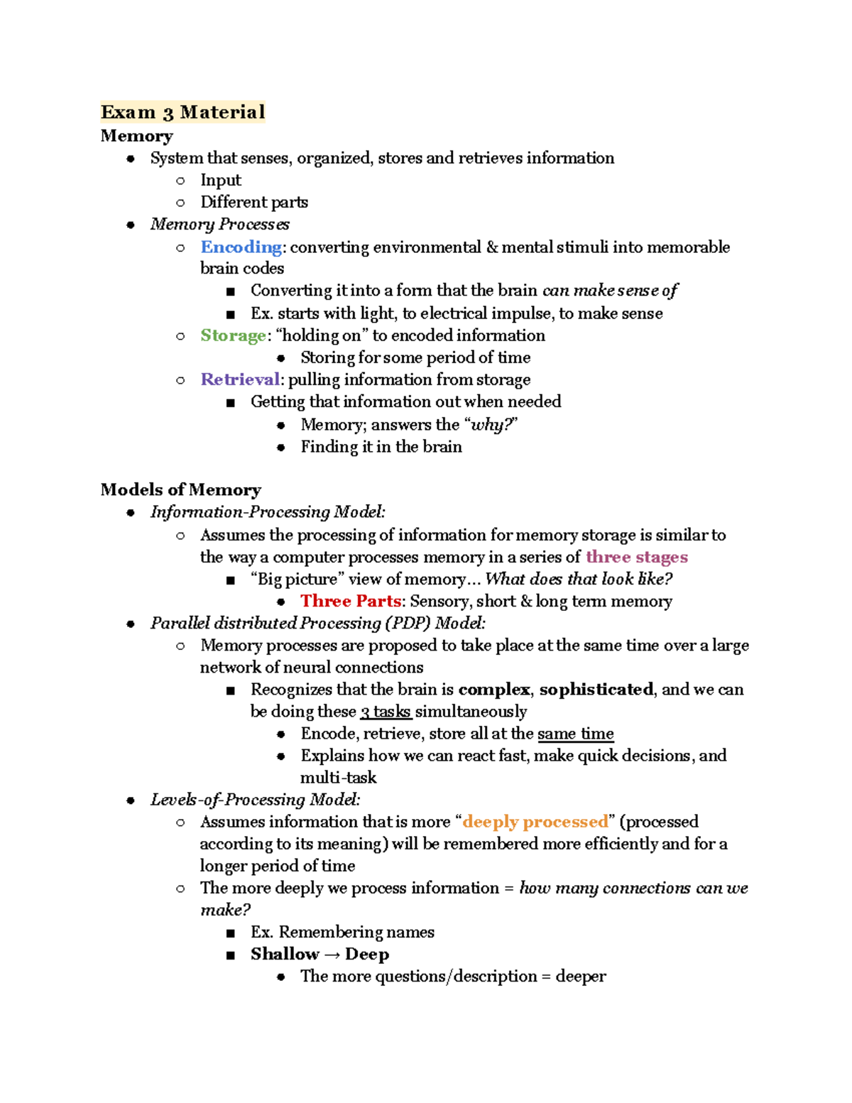 Psych 2 - Brian Crosby Lecture - Exam 3 Material Memory System that ...