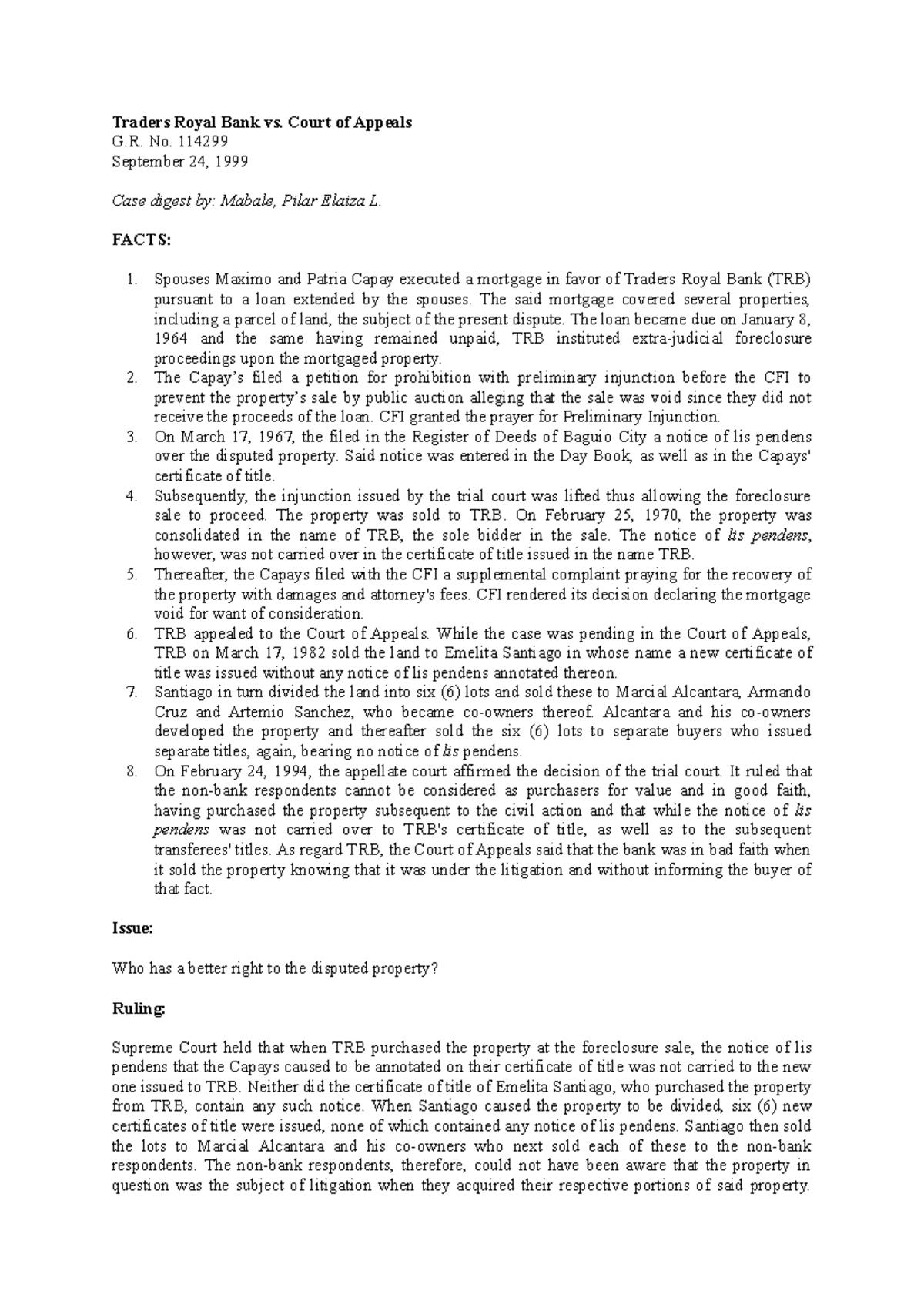 Traders Royal Bank vs. Court of Appeals Traders Royal Bank vs. Court
