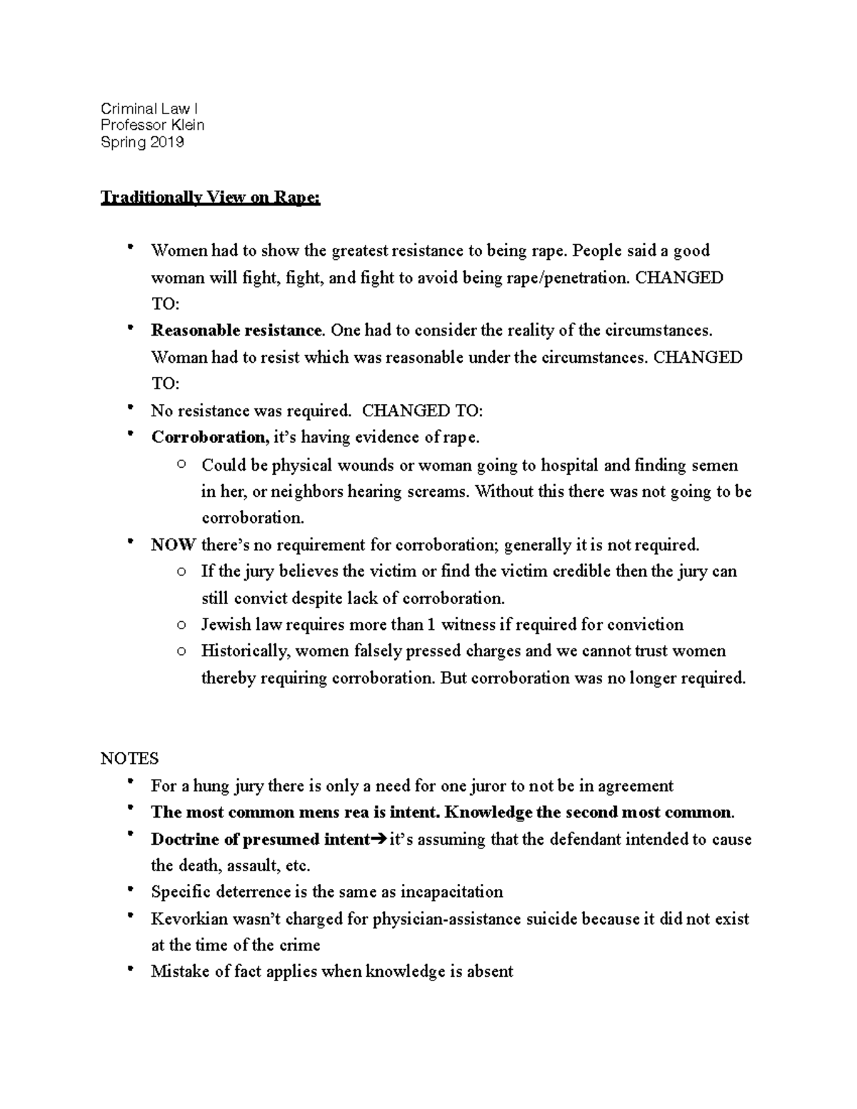 Traditionally View on Rape - Criminal Law I Professor Klein Spring 2019 ...