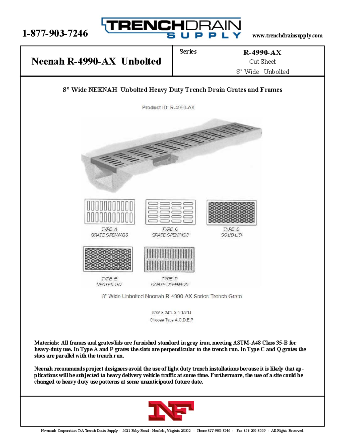 Neenah R-4990-AX Unbolted Trench Drain - Series 1-877-903-7246