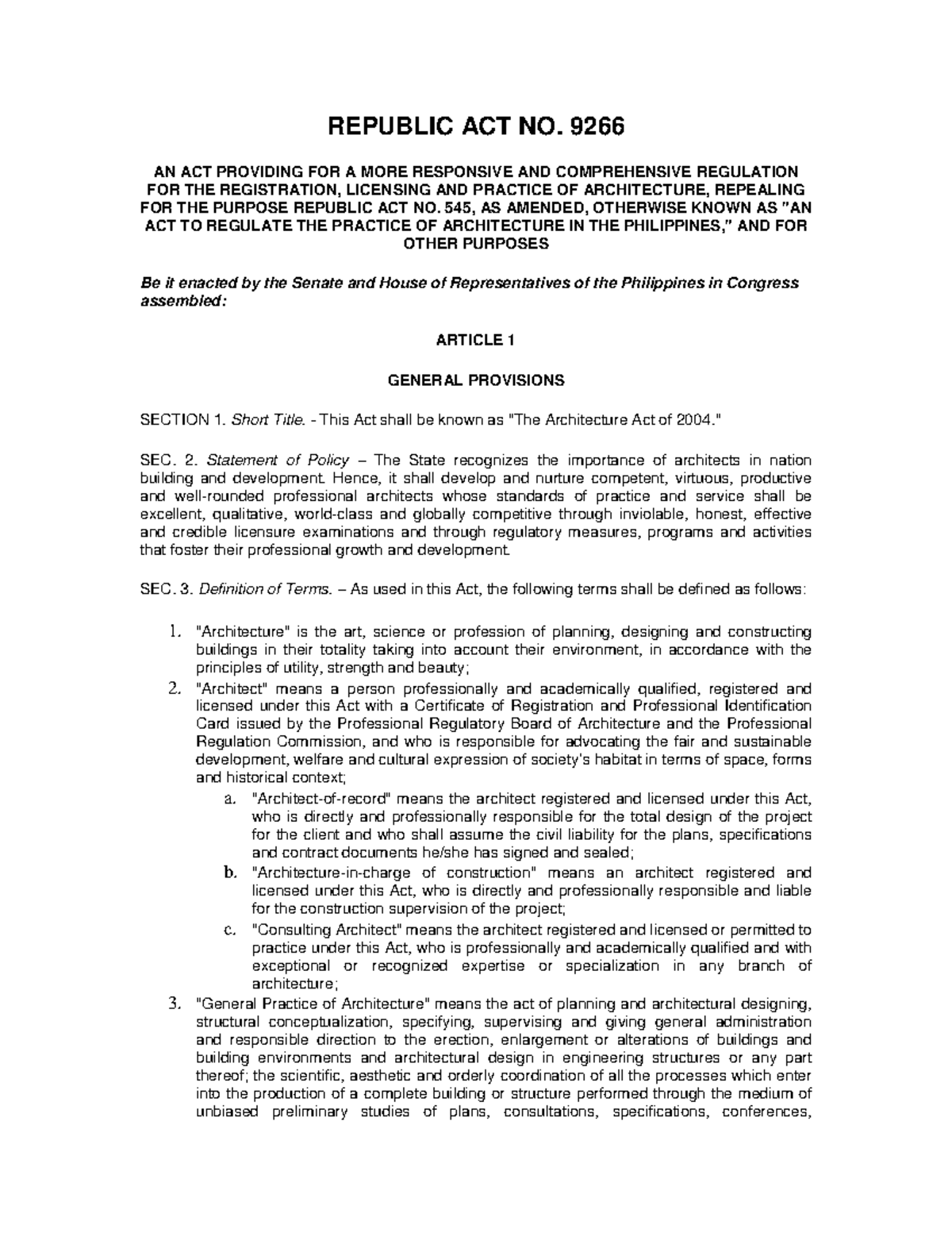 RA 9266 The Architecture Act of 2004 Basic Law - REPUBLIC ACT NO. 9266 ...