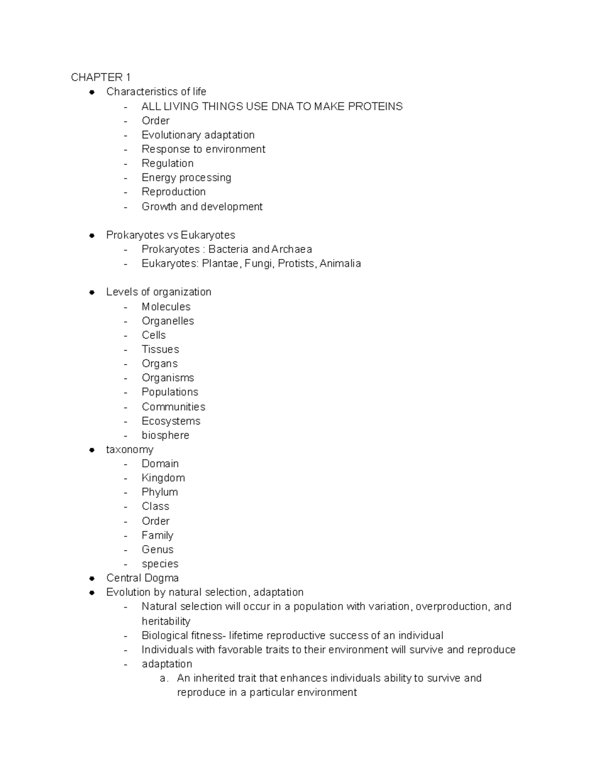 Bio 189 Test 1 Study Guide - CHAPTER 1 Characteristics Of Life - ALL ...