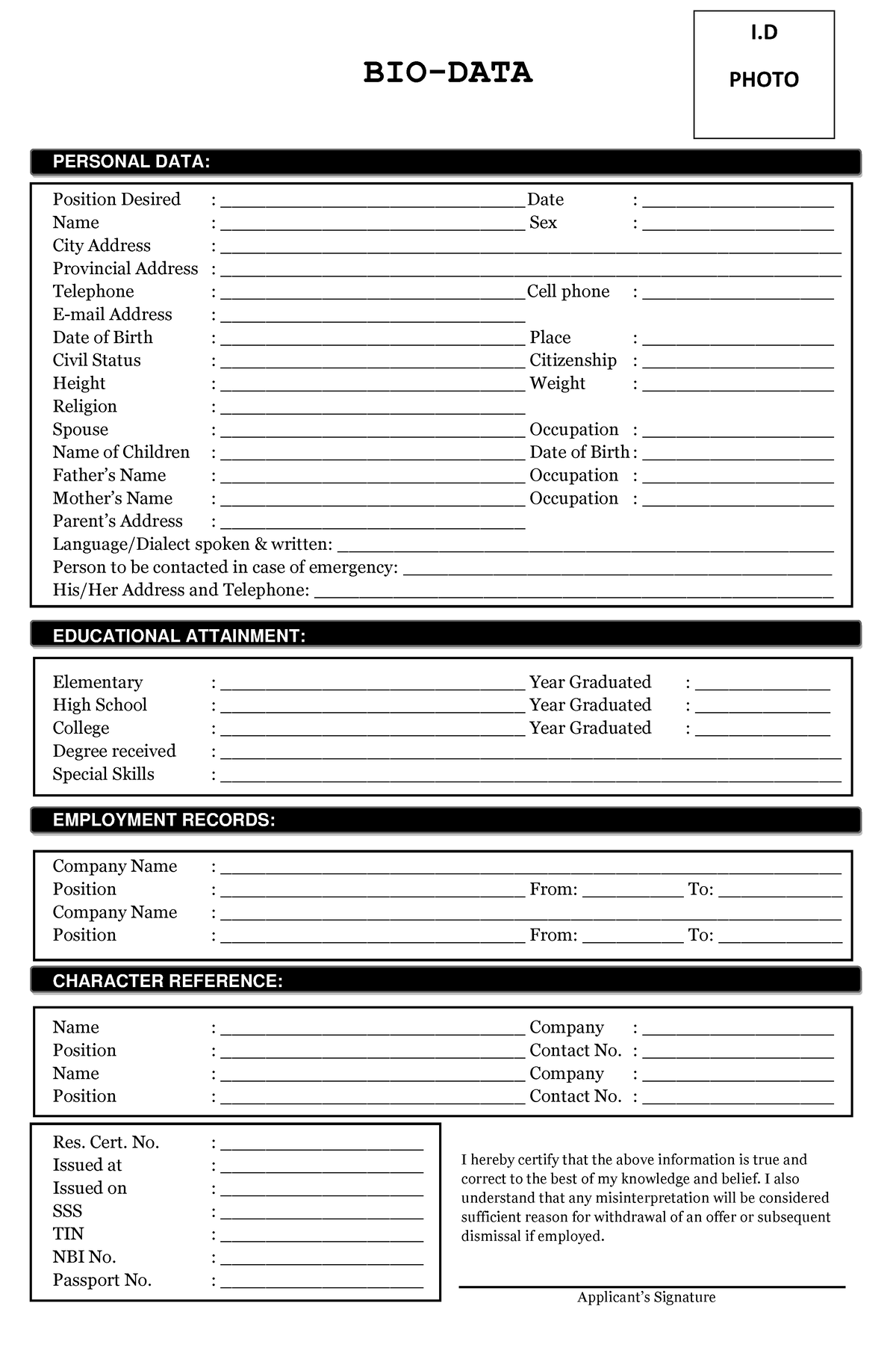 Biodata Format for Job - NONE - BIO-DATA PERSONAL DATA: Position ...