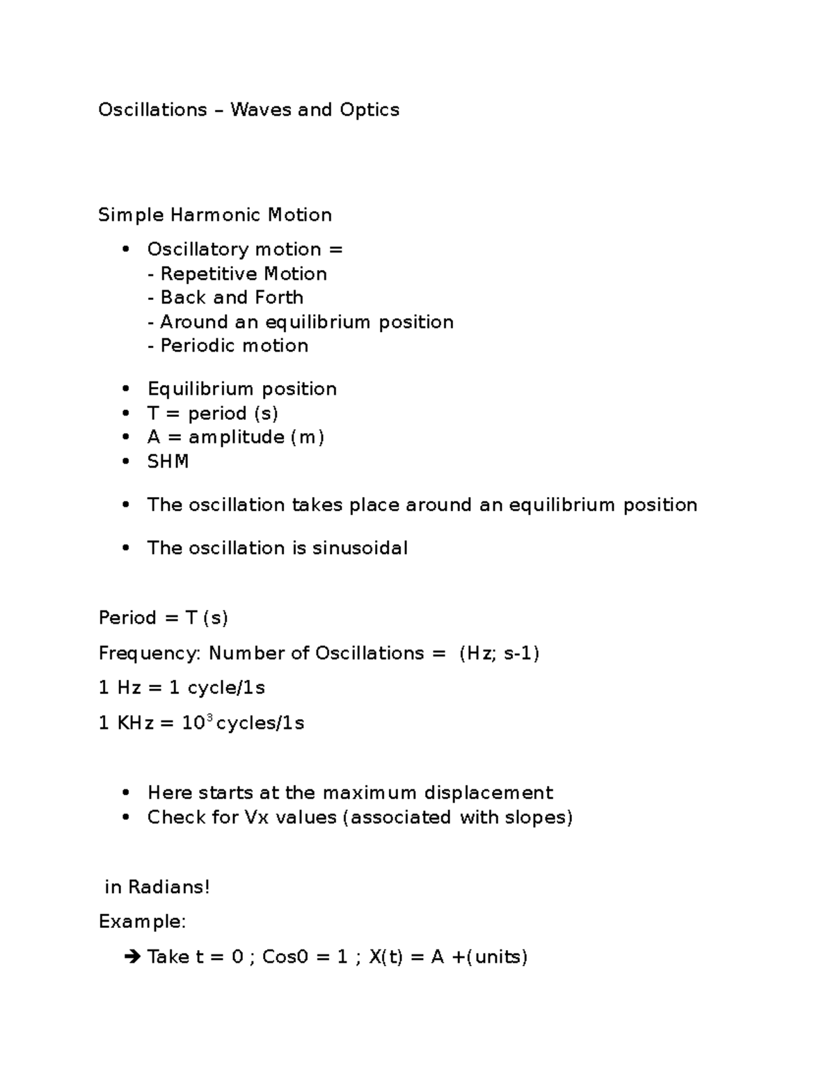 42 Oscillations summary Oscillations Waves and Optics Simple
