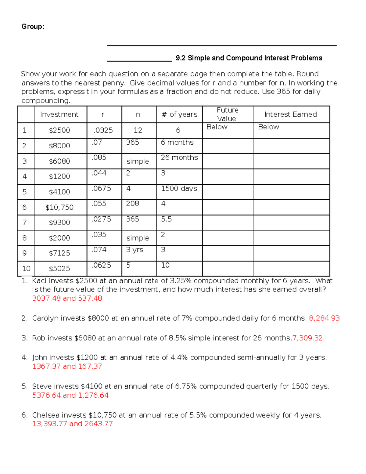 Simple and Compound Interest Group Work - Group: _________________ 9 ...
