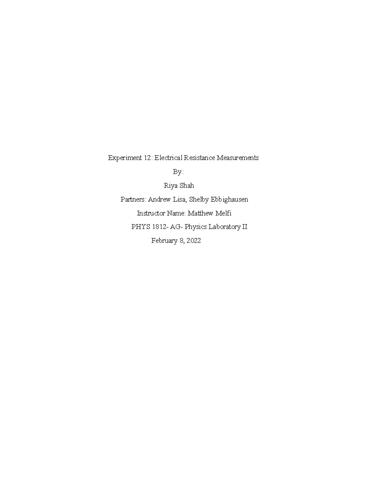 Experiment 12 - Lab Assignment - Experiment 12: Electrical Resistance ...