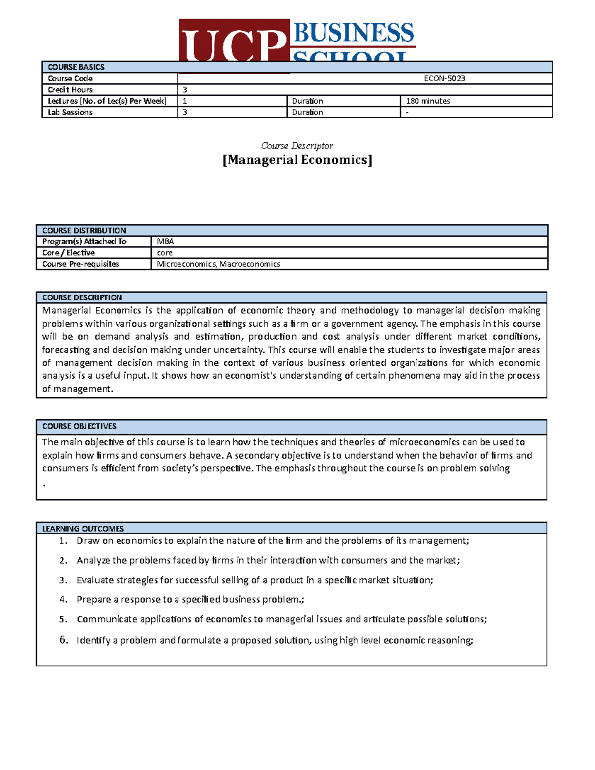 Course outline-Managerial Economics - COURSE BASICS Course Code ECON ...