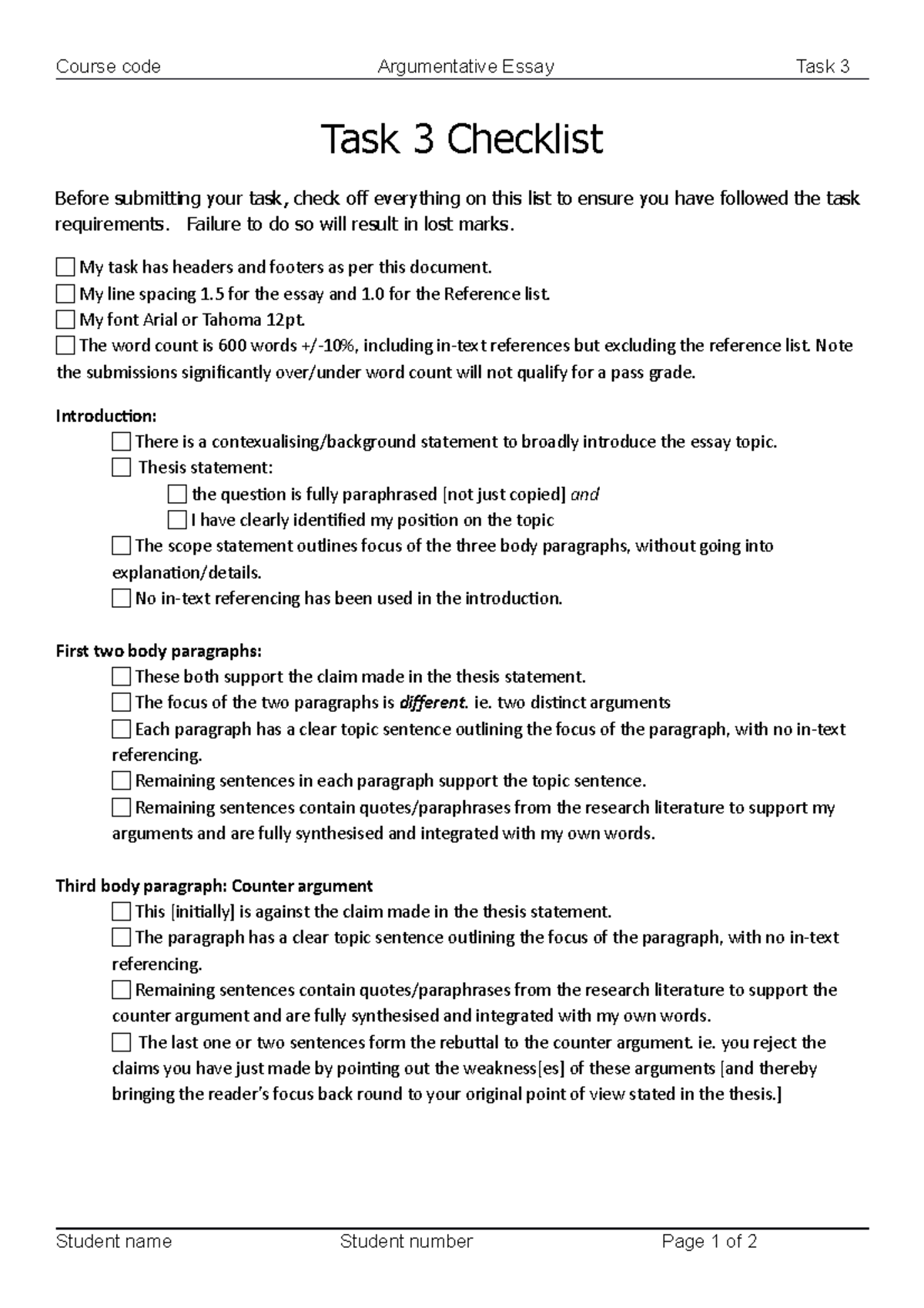 Task 3 Essay Check List task 3 Course code Argumentative Essay Task