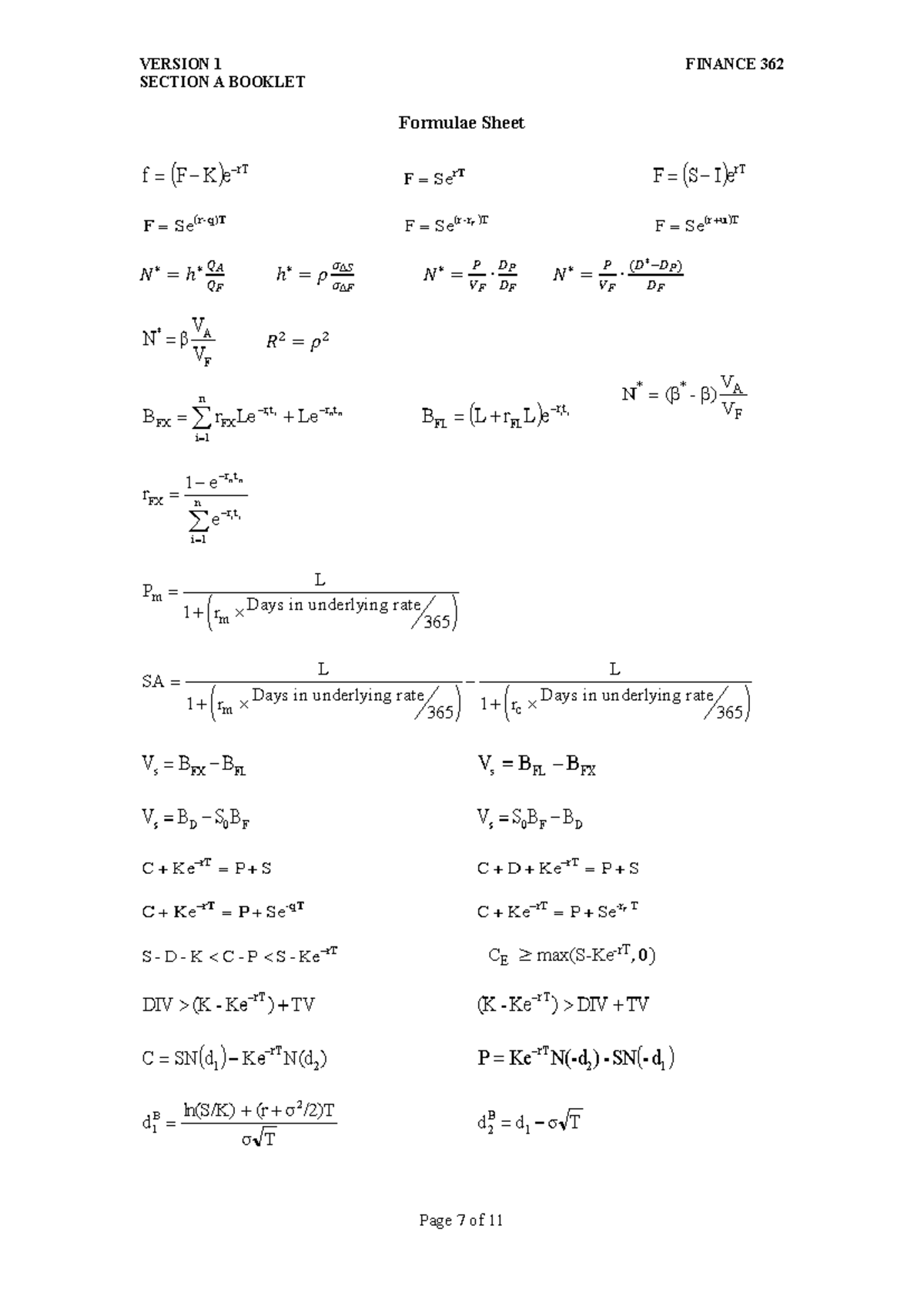 Formula Sheet - Summary Risk Management - VERSION 1 FINANCE 362 SECTION ...