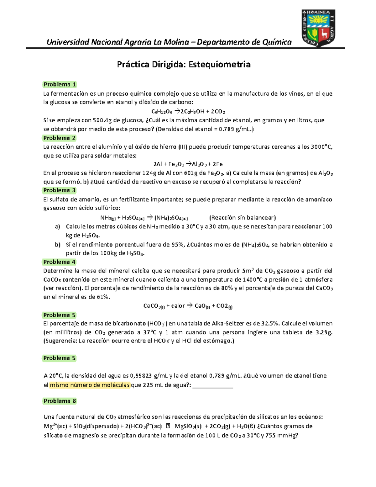 Ejercicios De Estequiometria II Vistos En El Año 2020 - Práctica ...