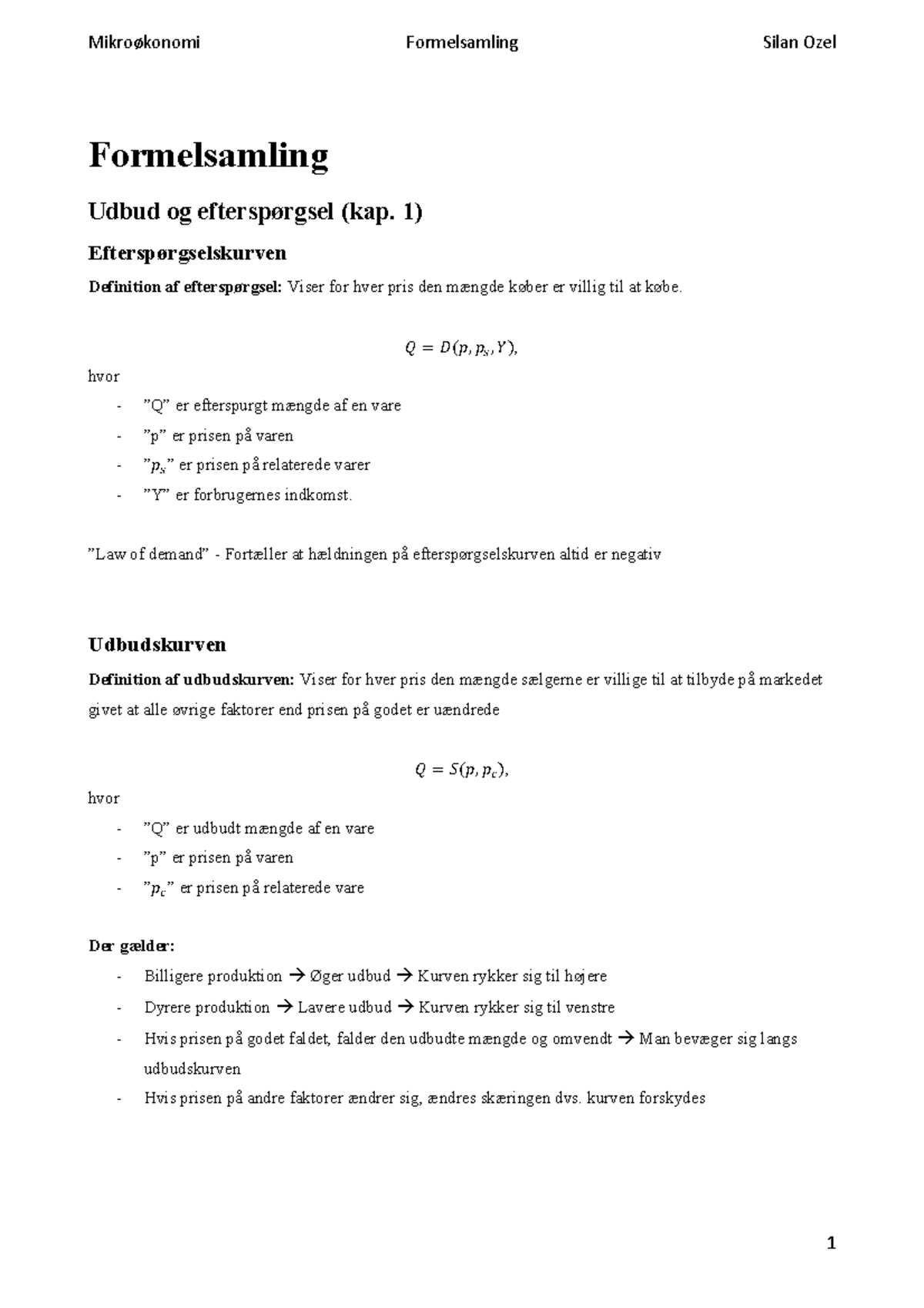 Formelsamling - Formelsamling Udbud Og Efterspørgsel (kap. 1 ...