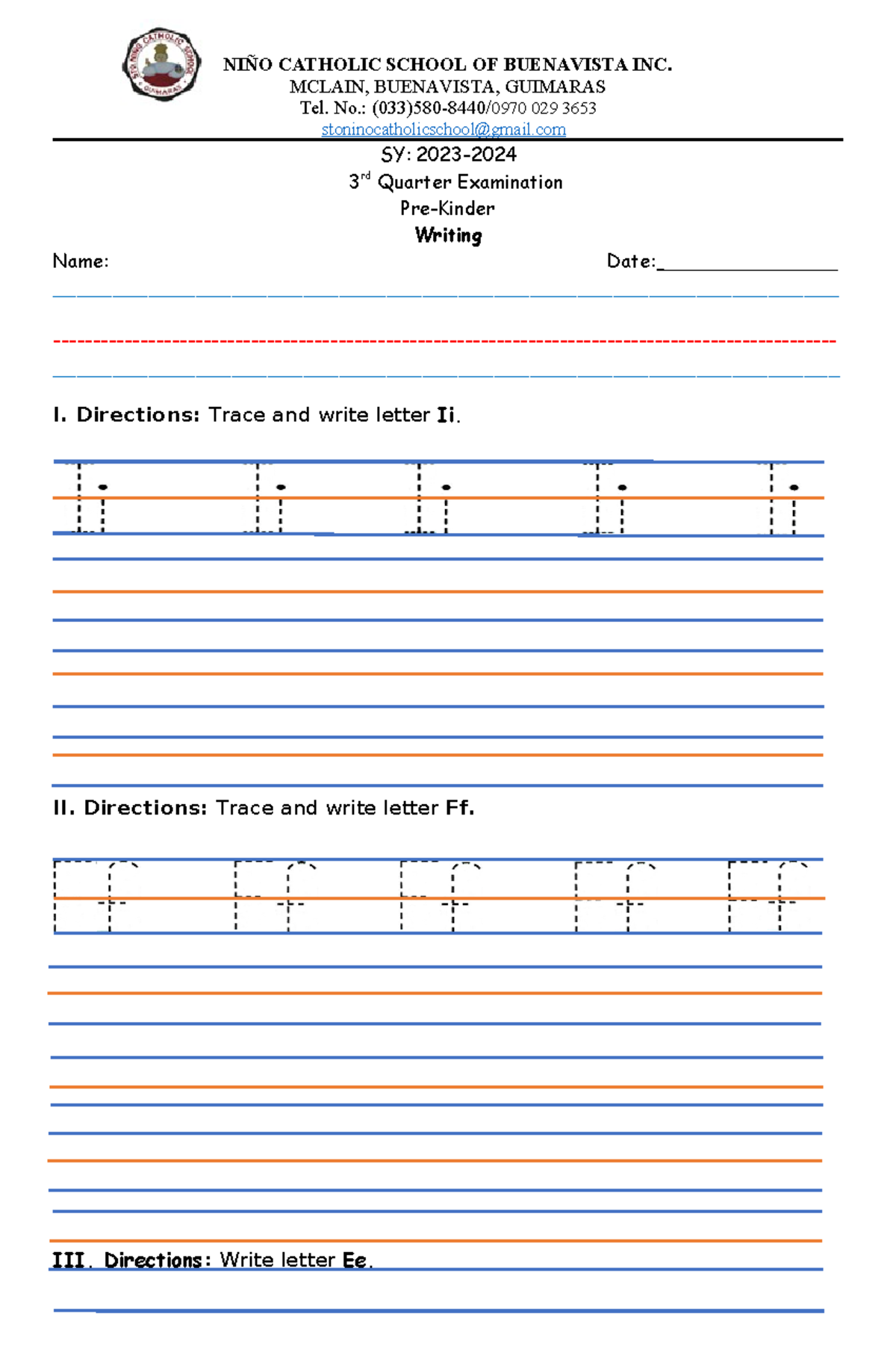 Tan, 3rd Quarter, Writing K-1 - NIÑO CATHOLIC SCHOOL OF BUENAVISTA INC ...