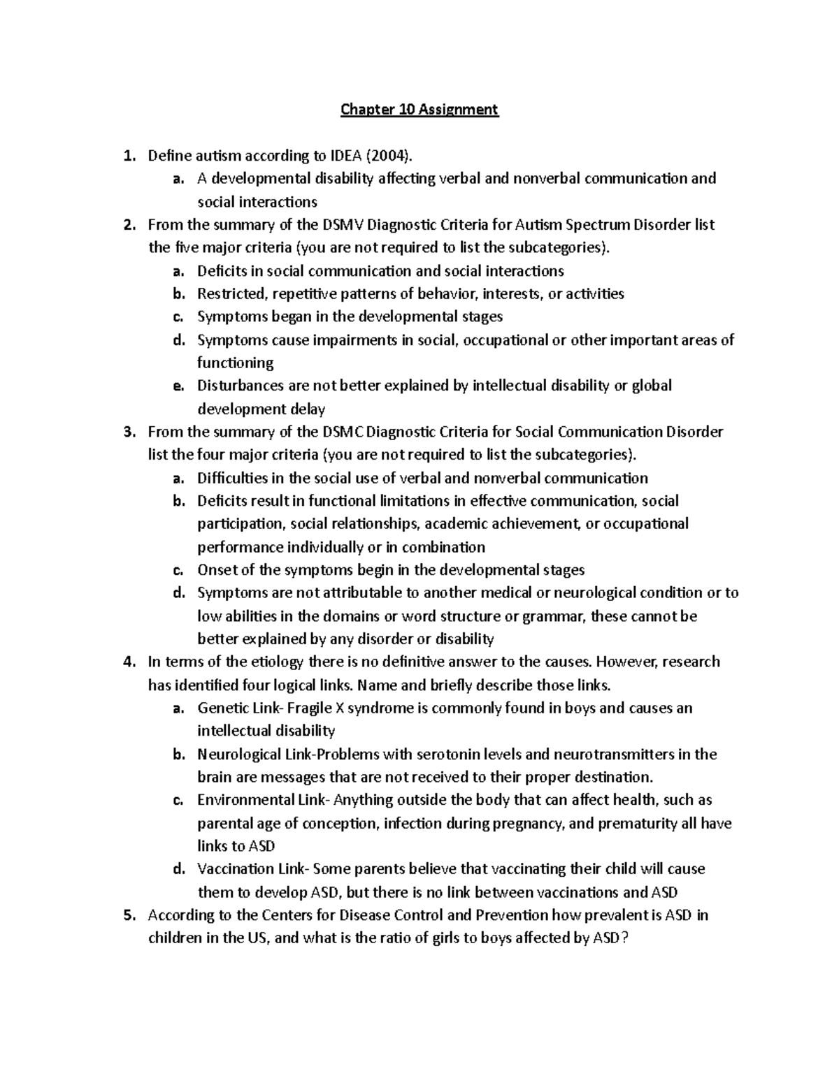 Chapter 10 Assignment - Chapter 10 Assignment Define autism according ...