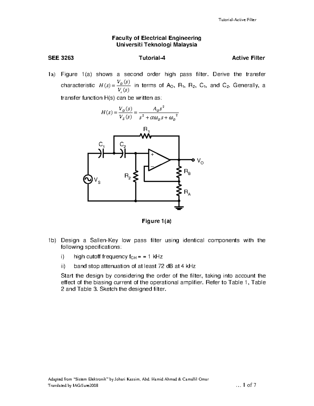 Tutorial 4 Active Filter (Electronic System) TutorialActive Filter Faculty of Electrical