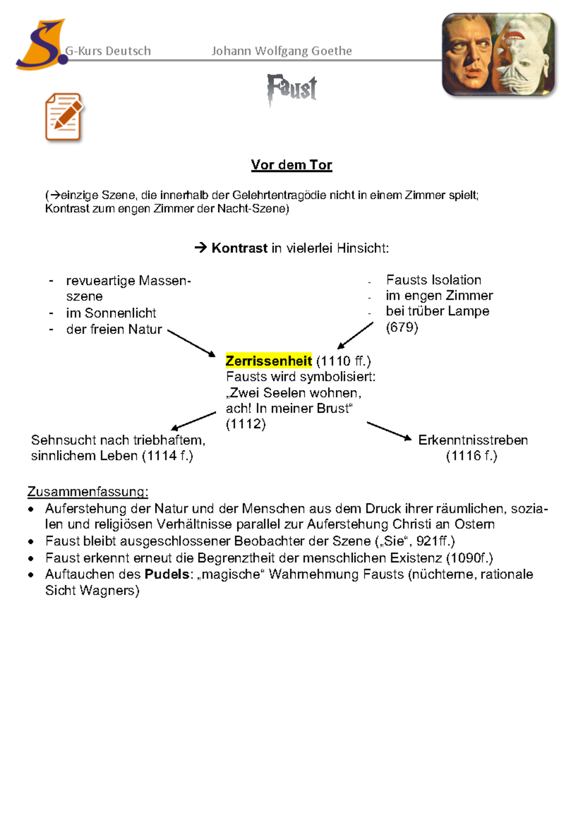 Zusammenfassung Faust Vor Dem Tor TA Vor dem Tor - Zusammenfassung - G- Kurs Deutsch Johann Wolfgang