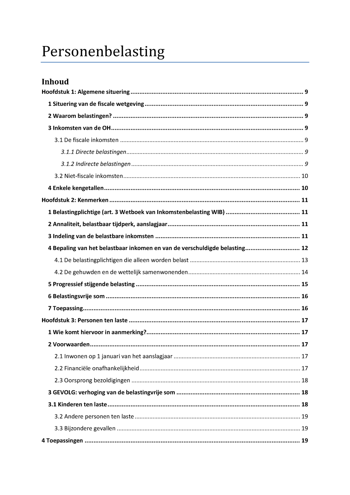 Uitgebreide Samenvatting Personenbelasting: Hoofdstuk 1 T/m 9 ...