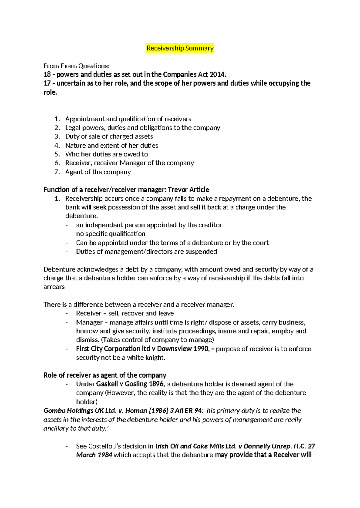Receivership Summary Receivership Summary From Exam Questions 18