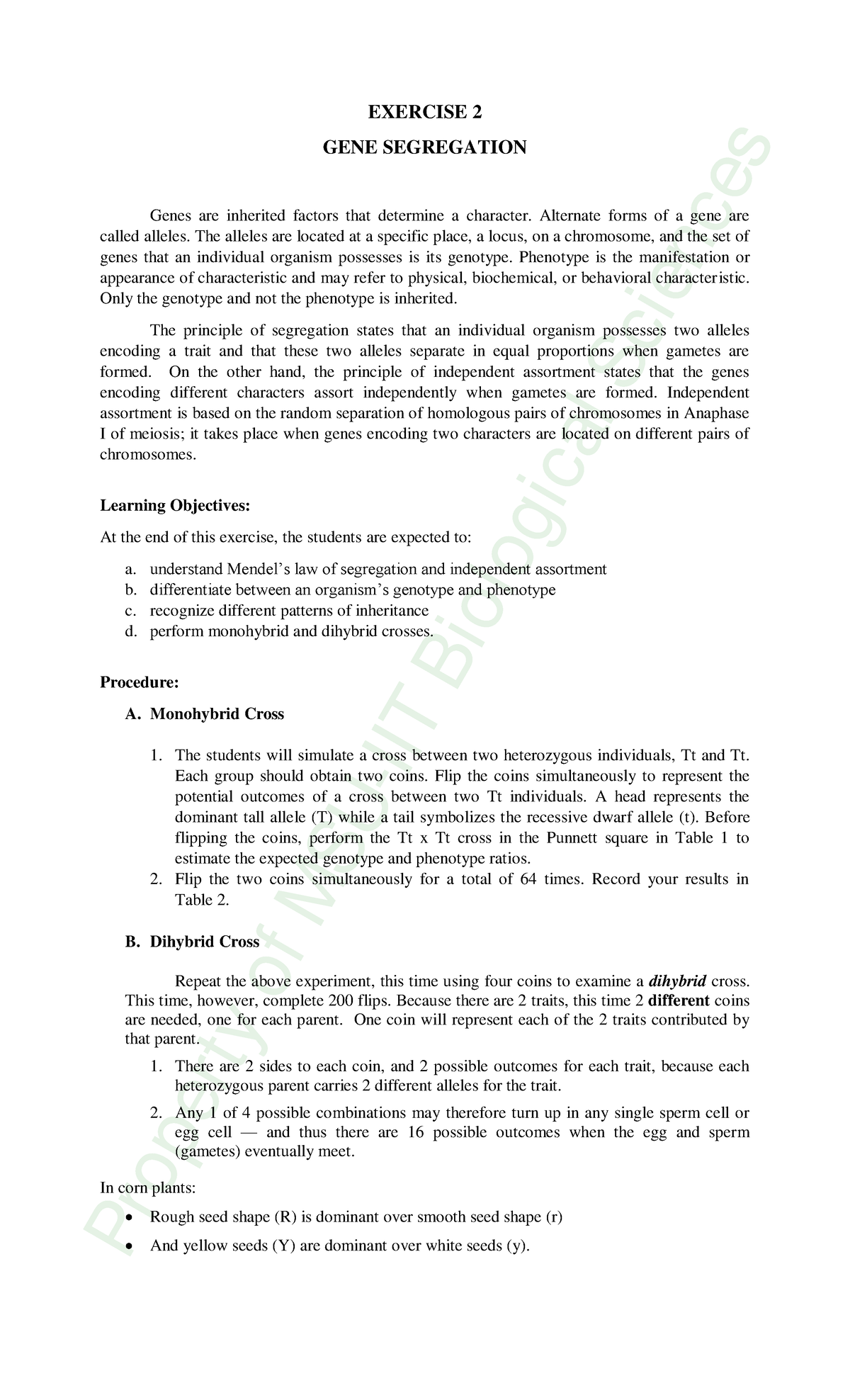 Lab act 2 - LAB ACTS - EXERCISE 2 GENE SEGREGATION Genes are inherited ...