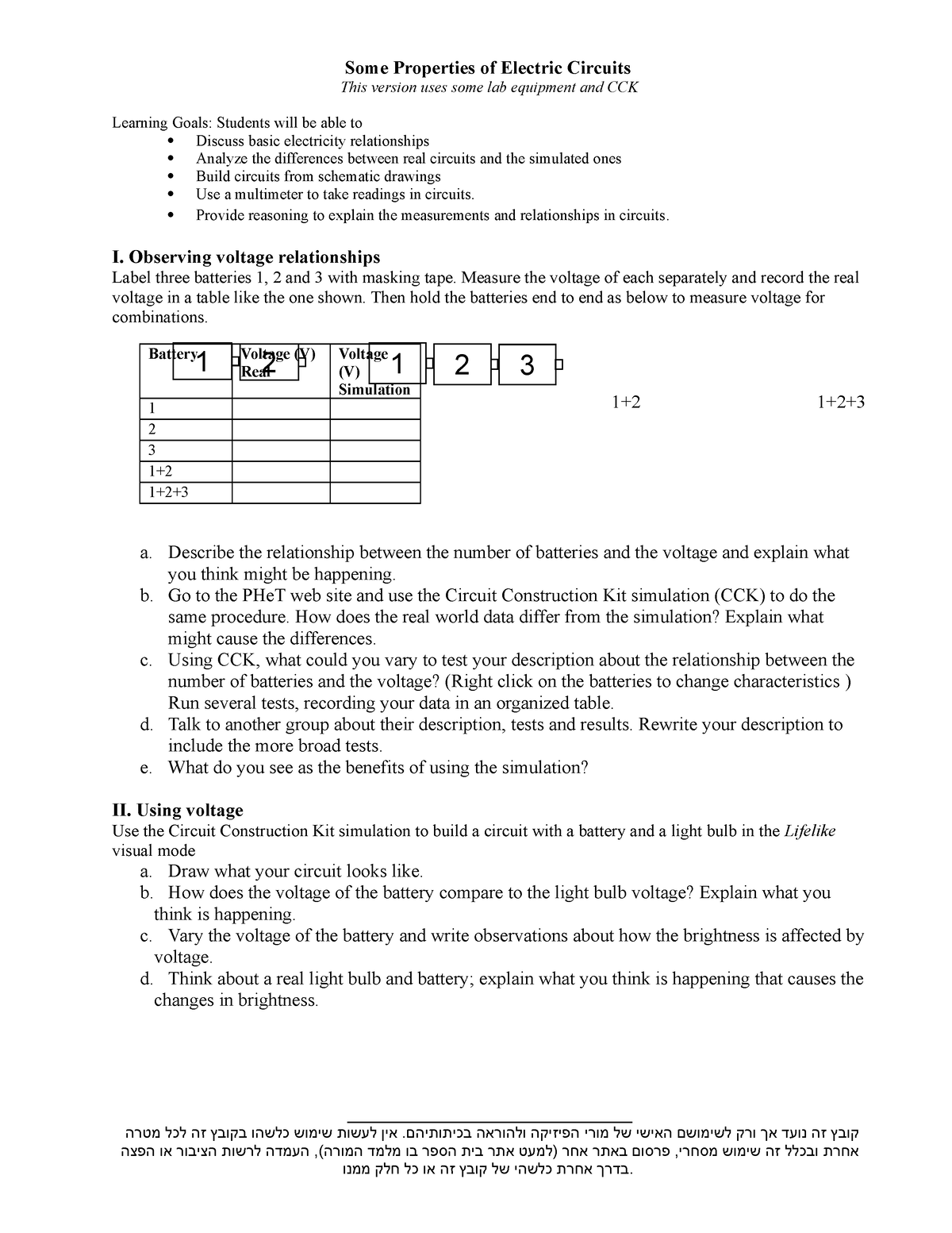 1173Some Properties Of Electric Circuits Student Directions - 1 2 1 ...