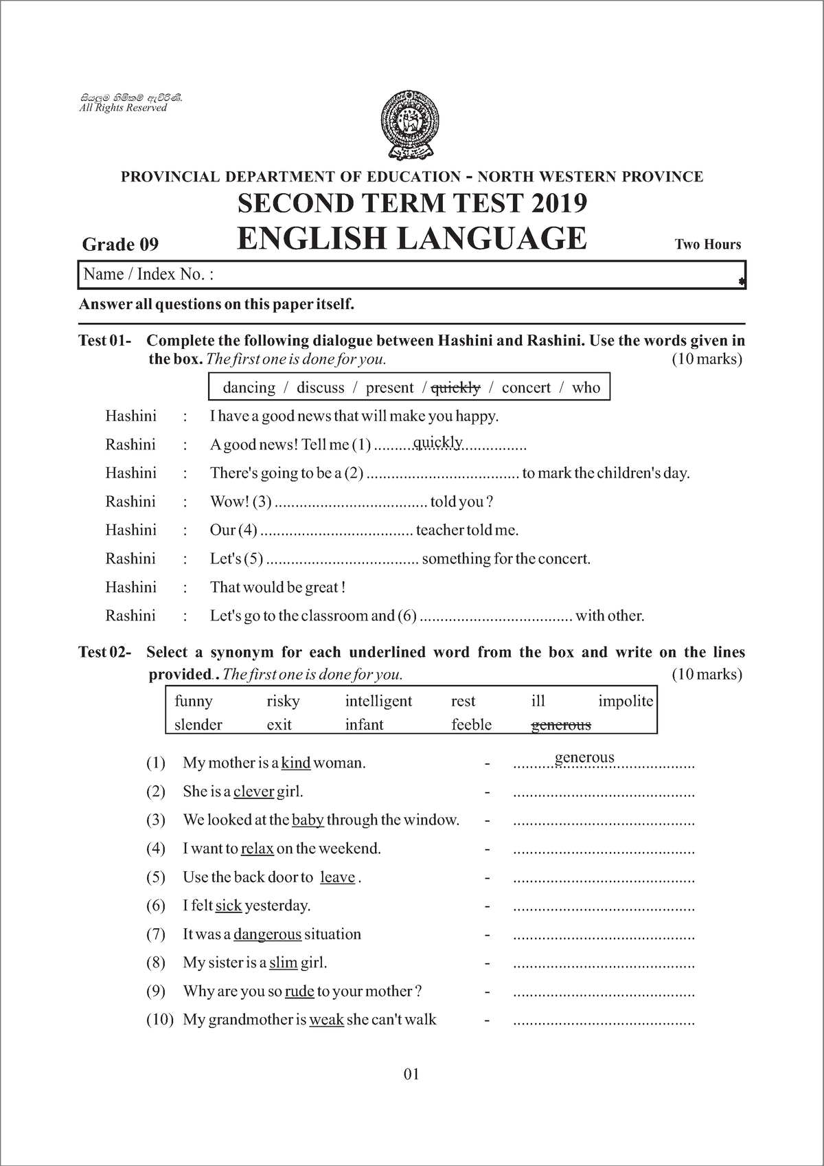 Grade 09 English 2nd Term Test Paper With Answers 2019 North western  Province - Answer all questions - Studocu