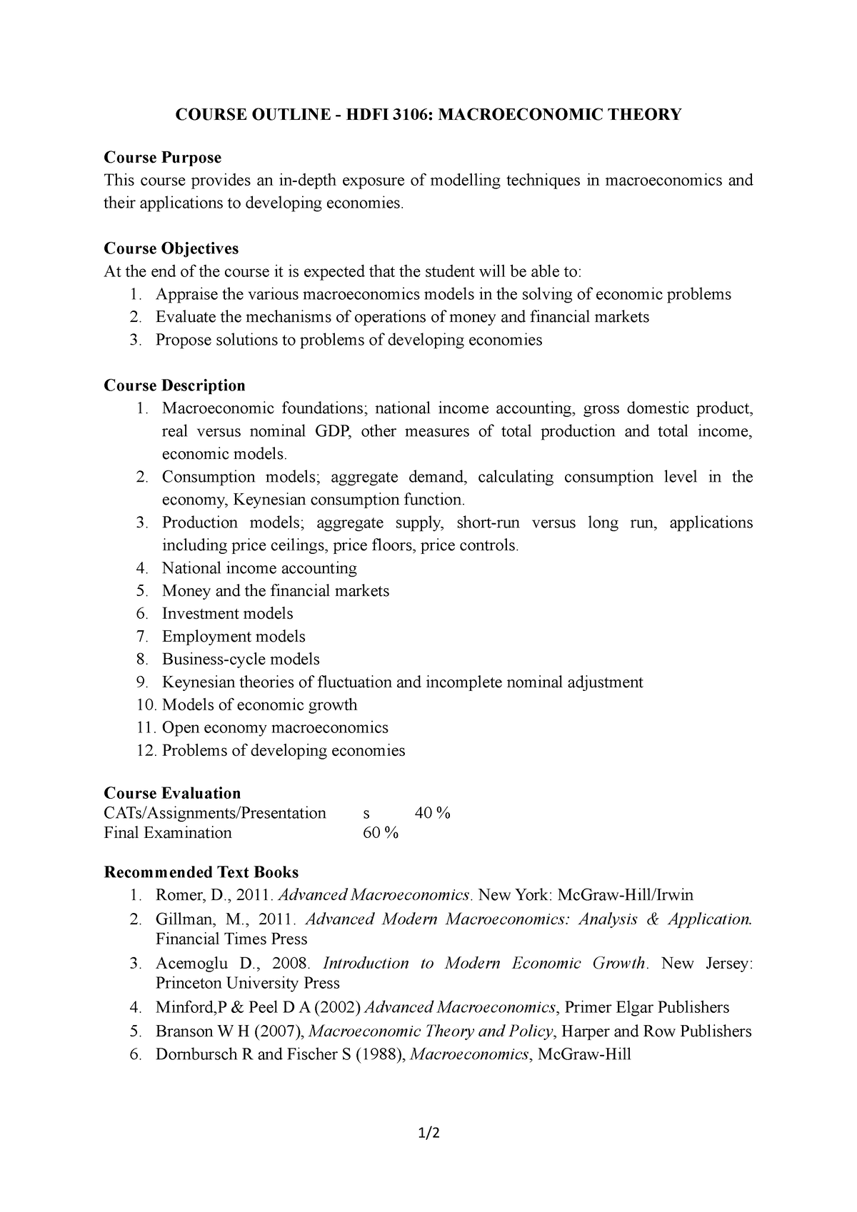 Macroeconomic theory msc finance - course outline may-aug 2023 - COURSE ...