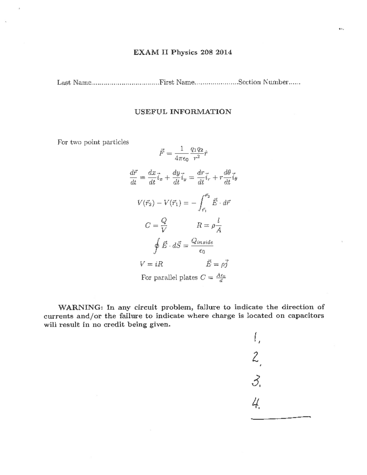 Exam 2 2014 - Past exam given for phys 208 for exam 2 in 2014. - PHYS ...