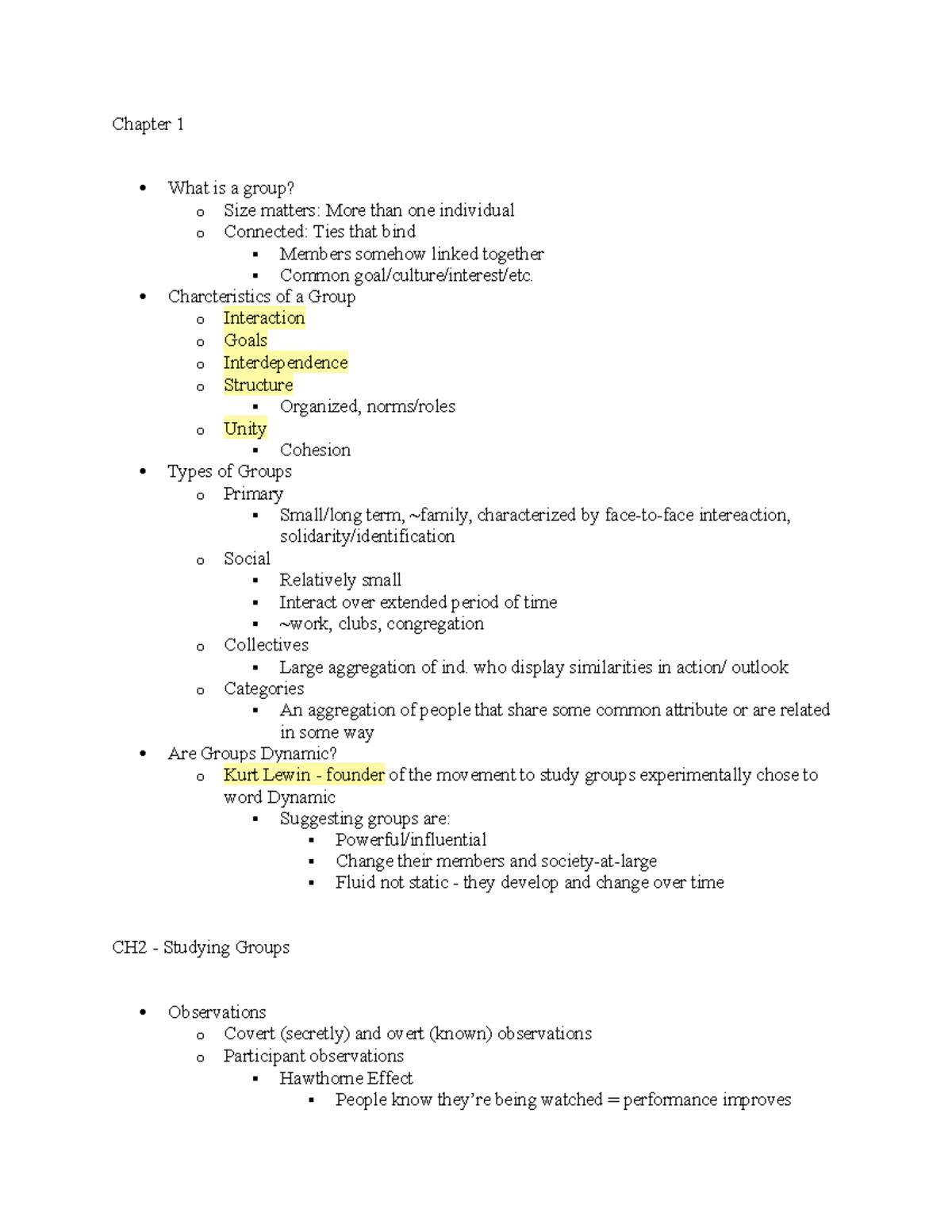Psy 453 CH 1 and 2 - Professor Lewis - Chapter 1 What is a group? o ...