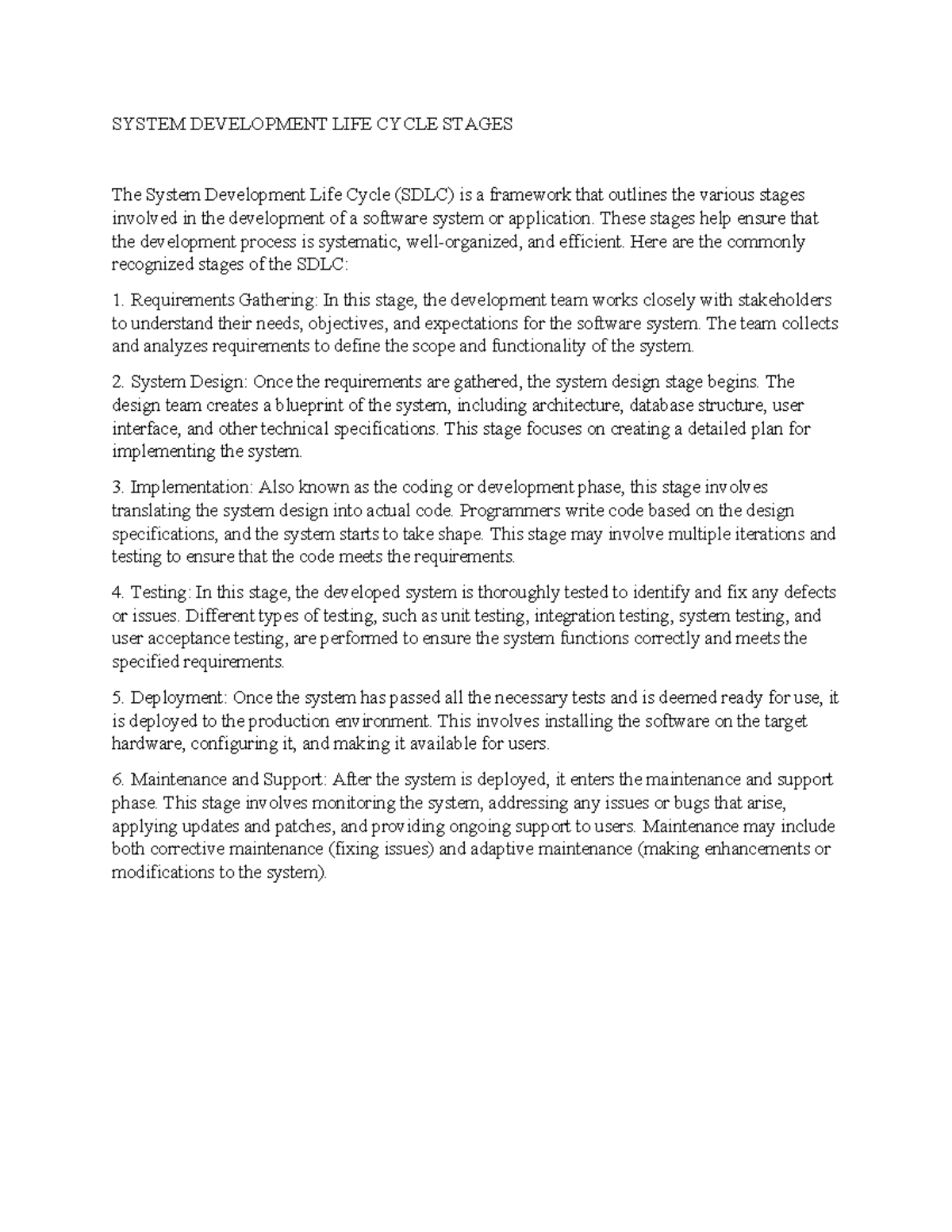 System Development LIFE Cycle Stages - SYSTEM DEVELOPMENT LIFE CYCLE ...