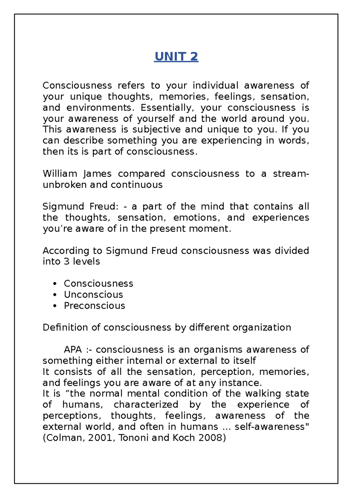 Psychological Process UNIT 2 Consciousness, Sensory And Perception ...