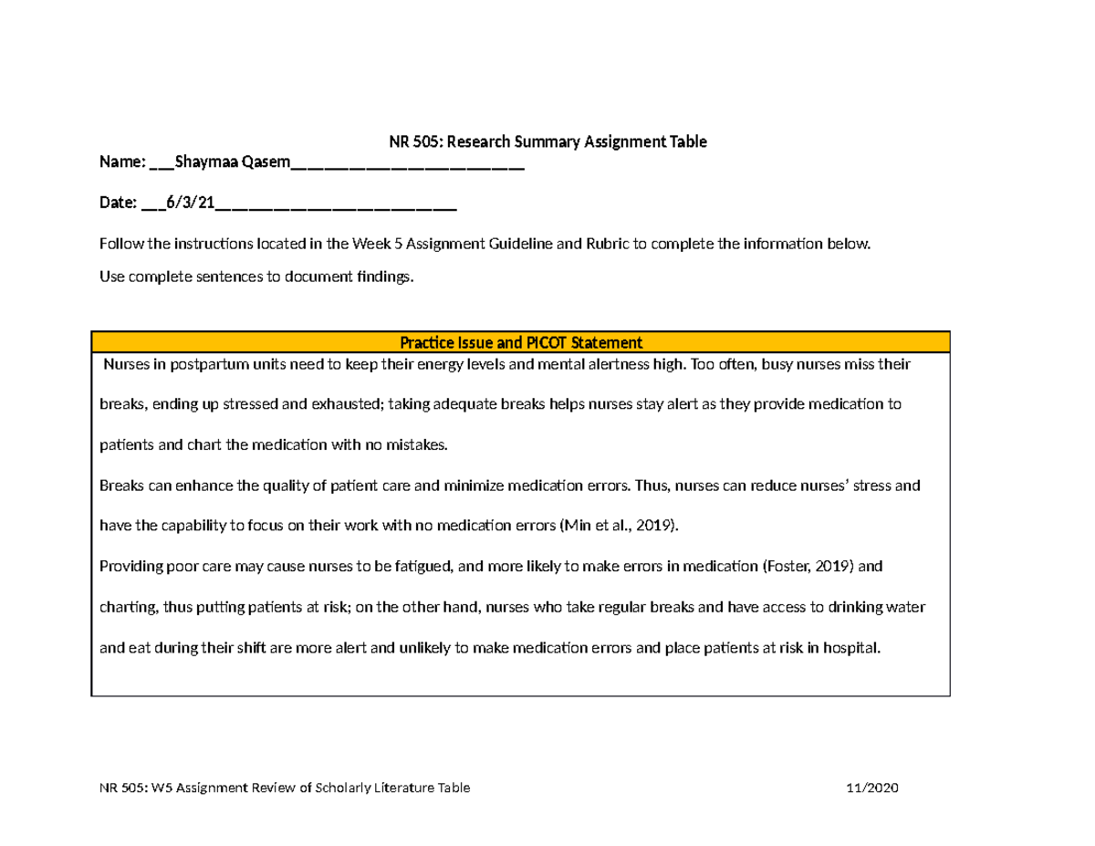 NR 505 Week 5 Research Summary Table - NR 505: Research Summary ...