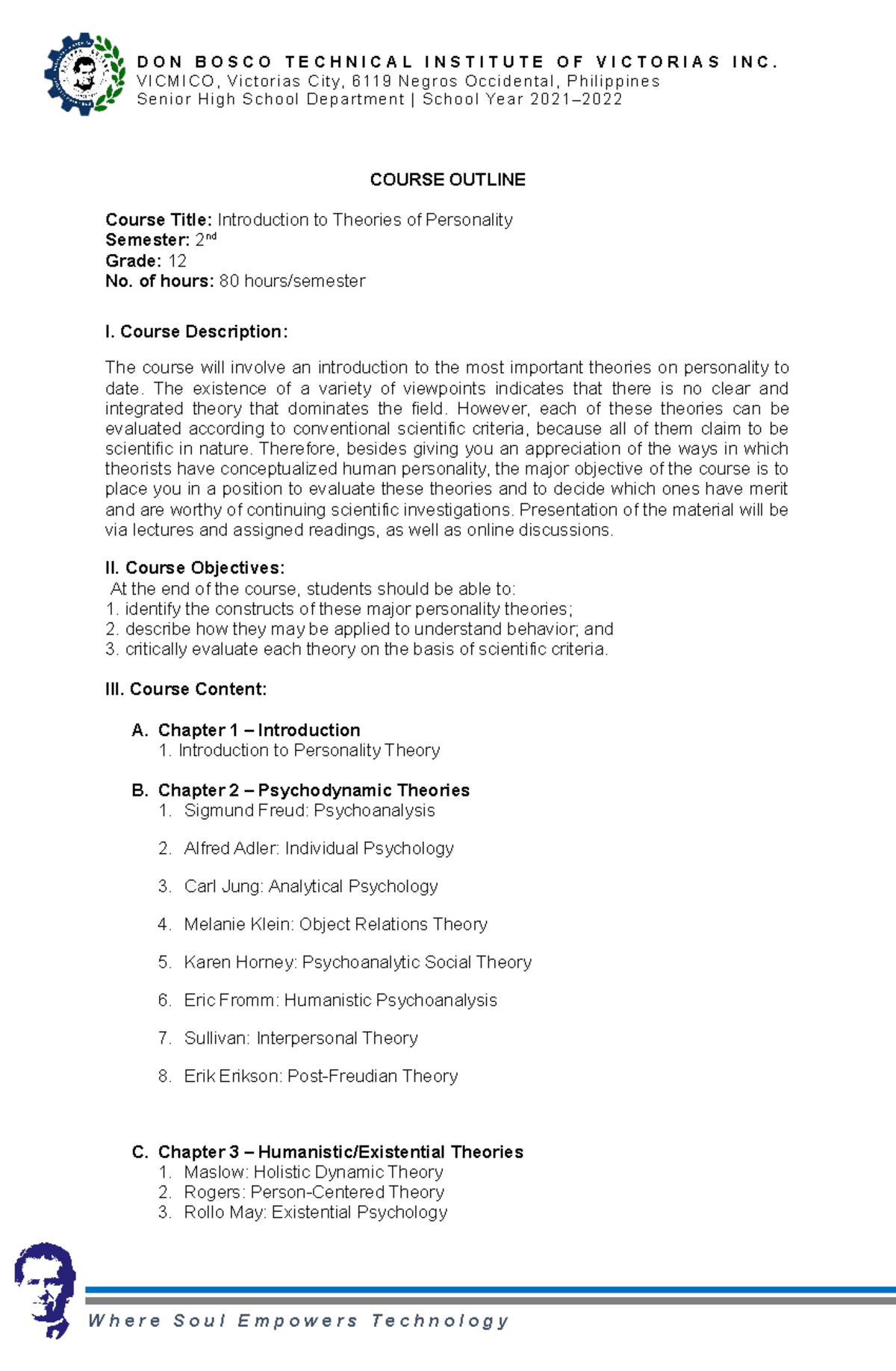 Personality Theories Course Outline 2021-2022 - D O N B O S C O T E C H ...