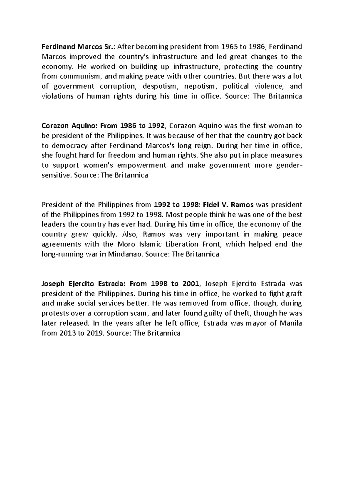 Philippine Presidents Contribution Ferdinand Marcos Sr. After