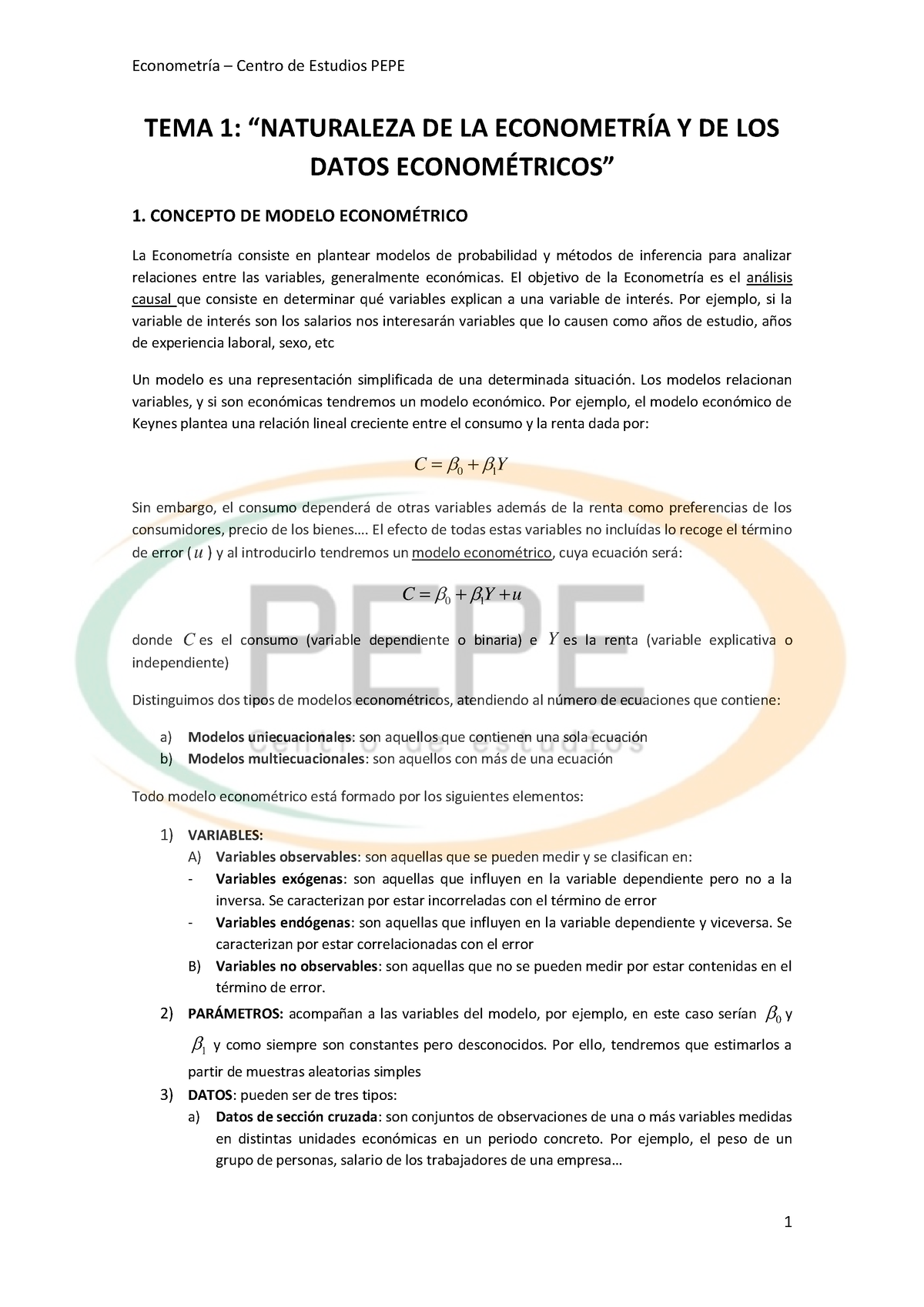 Temas 1 A 4- Econometria - TEMA 1: “NATURALEZA DE LA ECONOMETRÍA Y DE ...