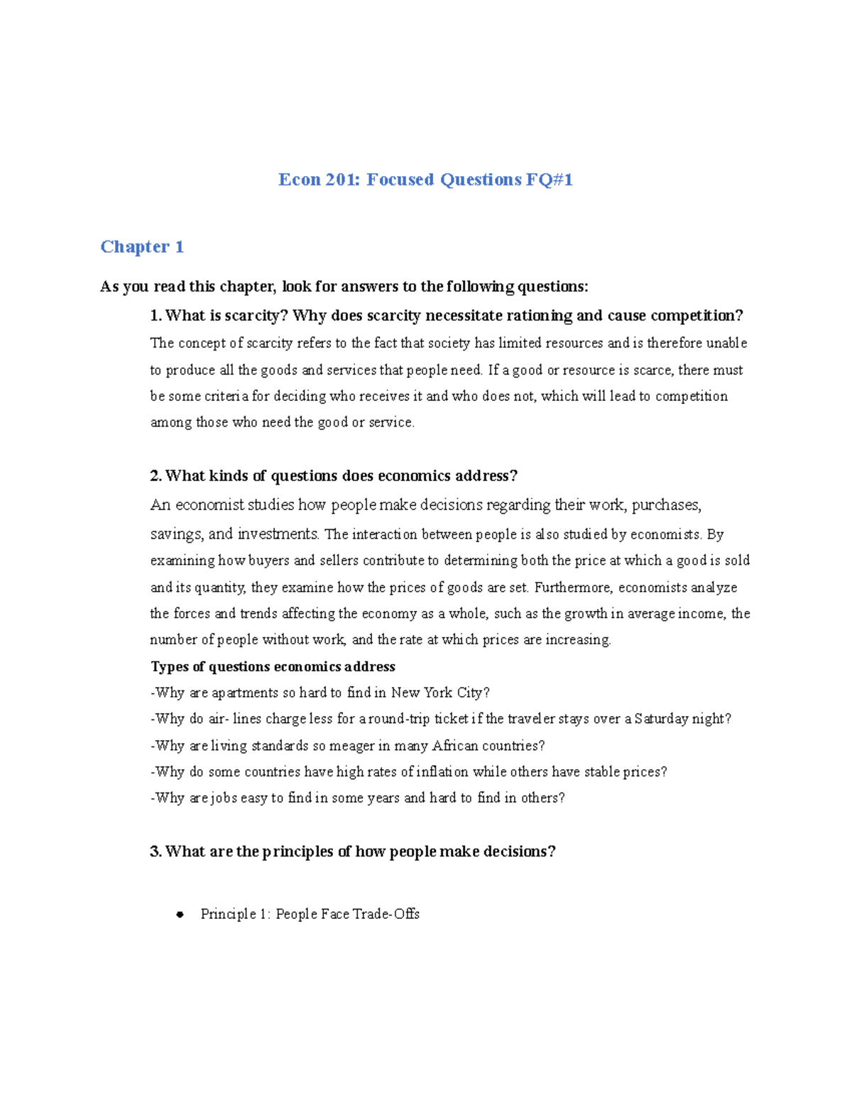 ECO201 Chapter 1 Focus Question - Econ 201: Focused Questions FQ ...