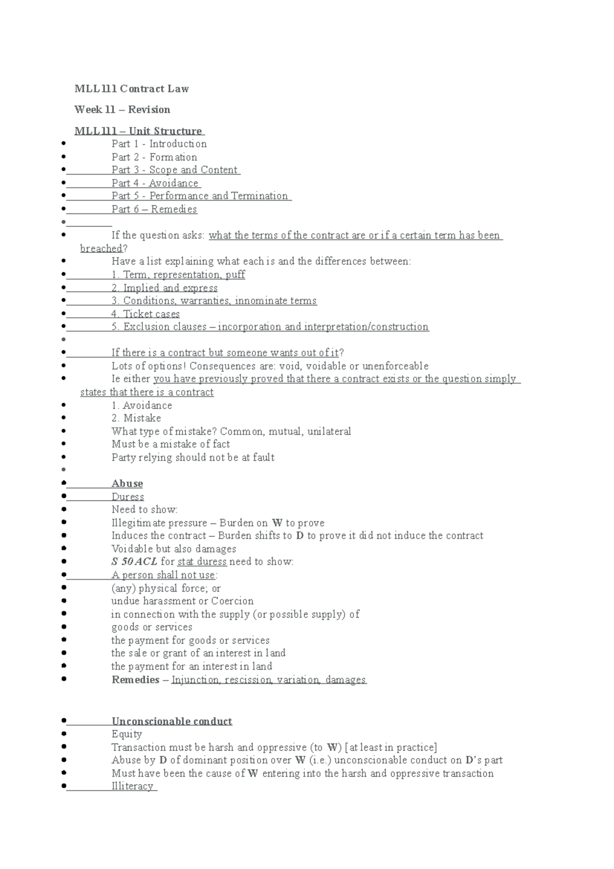 Revision Notes MLL 111 Contract Law - Contract Law Week 11 Revision ...