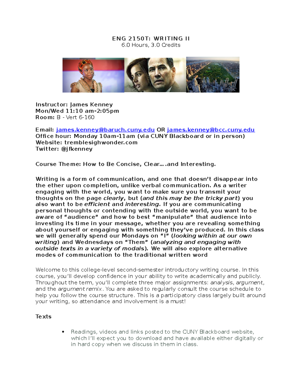 Baruch Fall 2023 Syllabus and Schedule - ENG 2150T: WRITING II 6 Hours ...