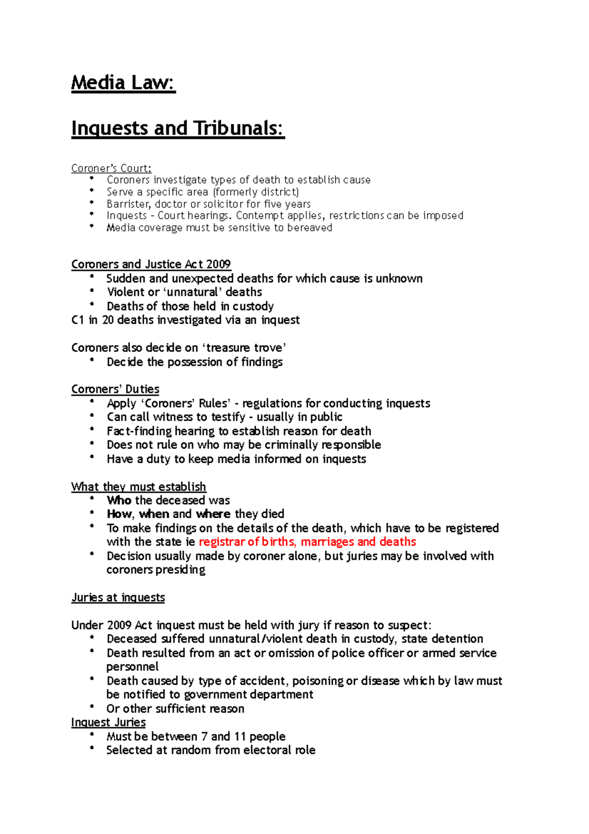 Inquest - Lecture Notes 1 - Media Law: Inquests And Tribunals: Coroner ...