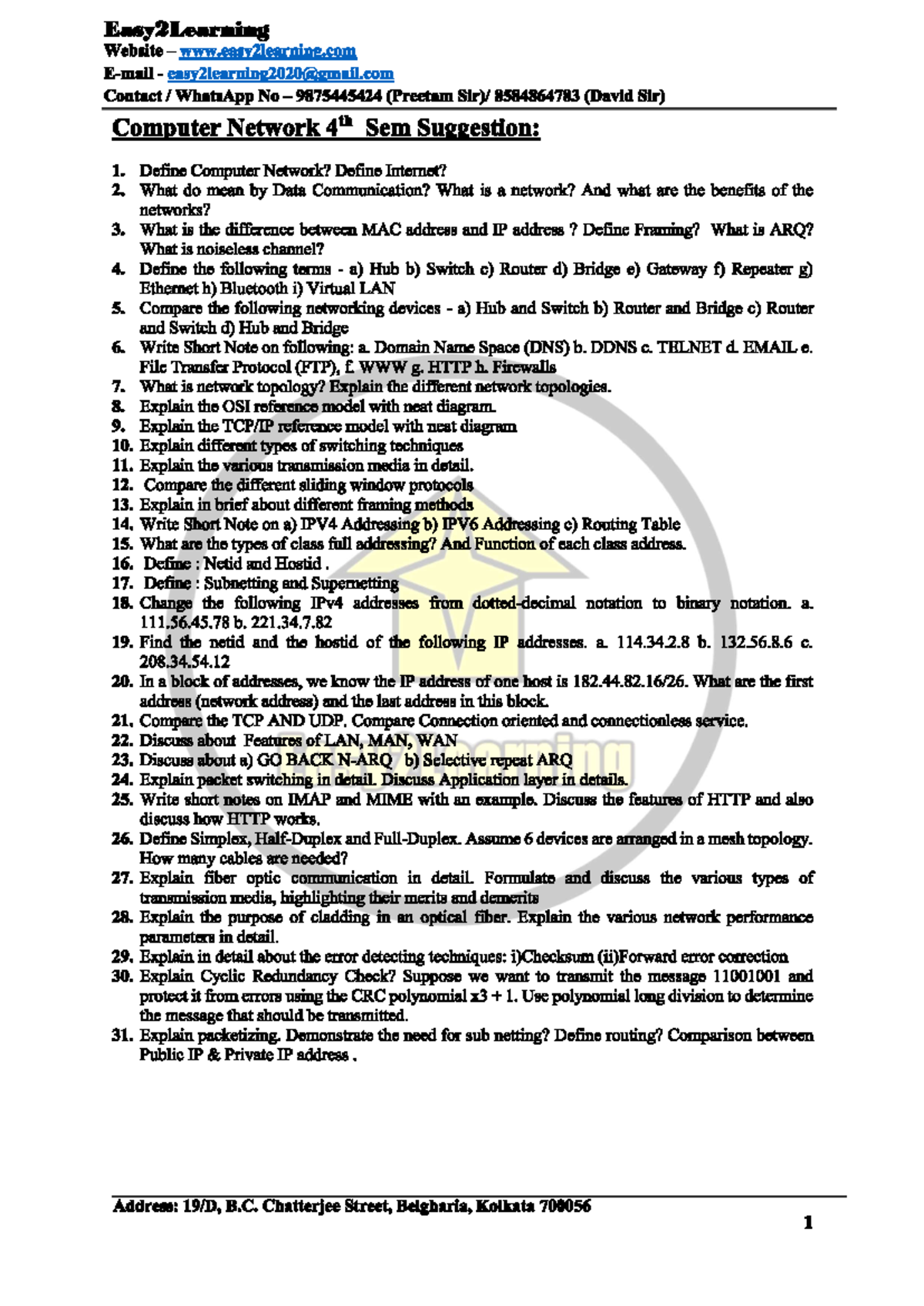 Computer Network 4th Sem Suggestion 2024 - Computer Science - Studocu