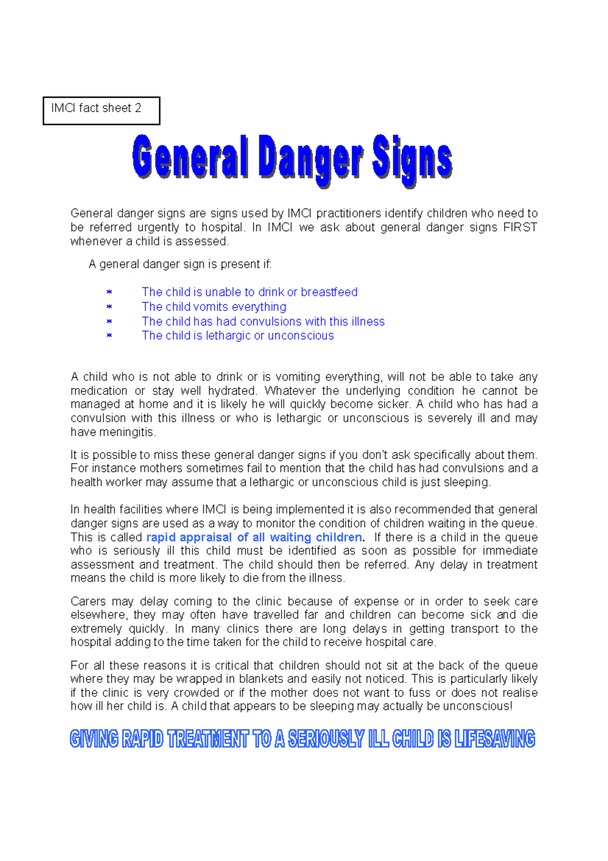 Imci1 Imci2 from the department of KwaZuluNatal General danger signs