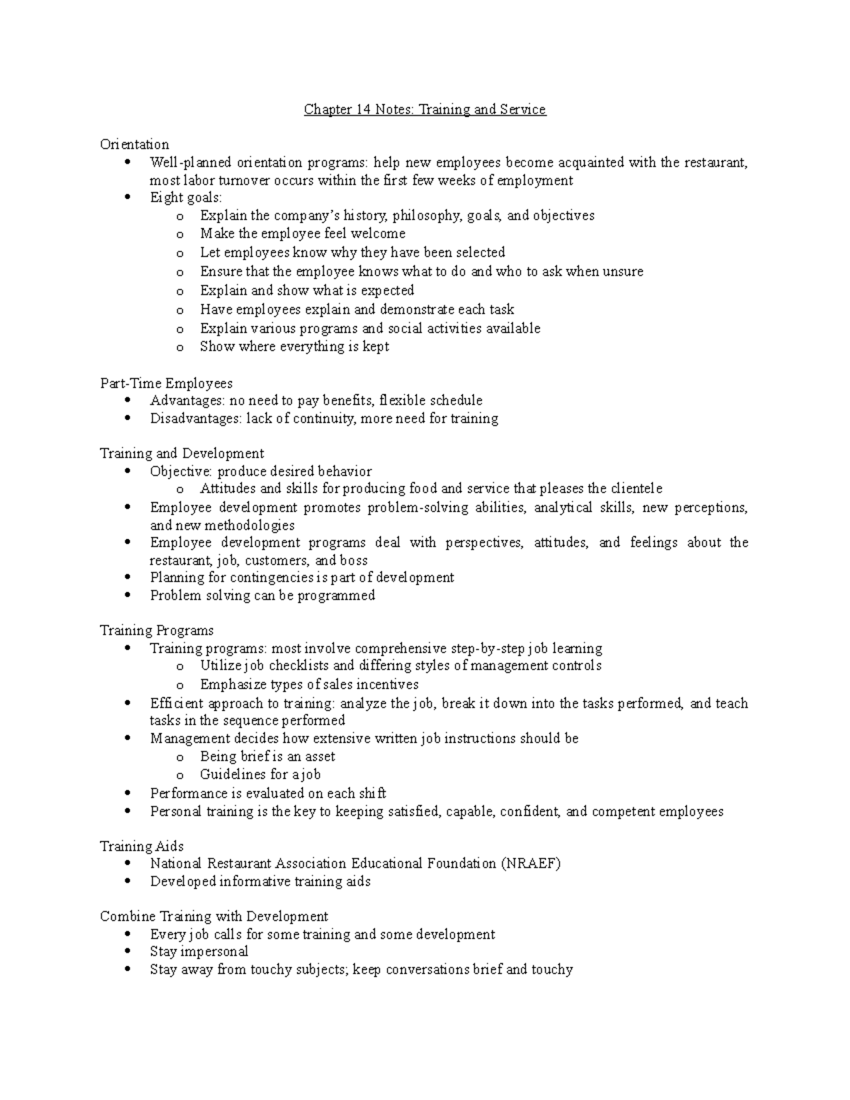 Chapter 14 Notes - Chapter 14 Notes: Training and Service Orientation ...