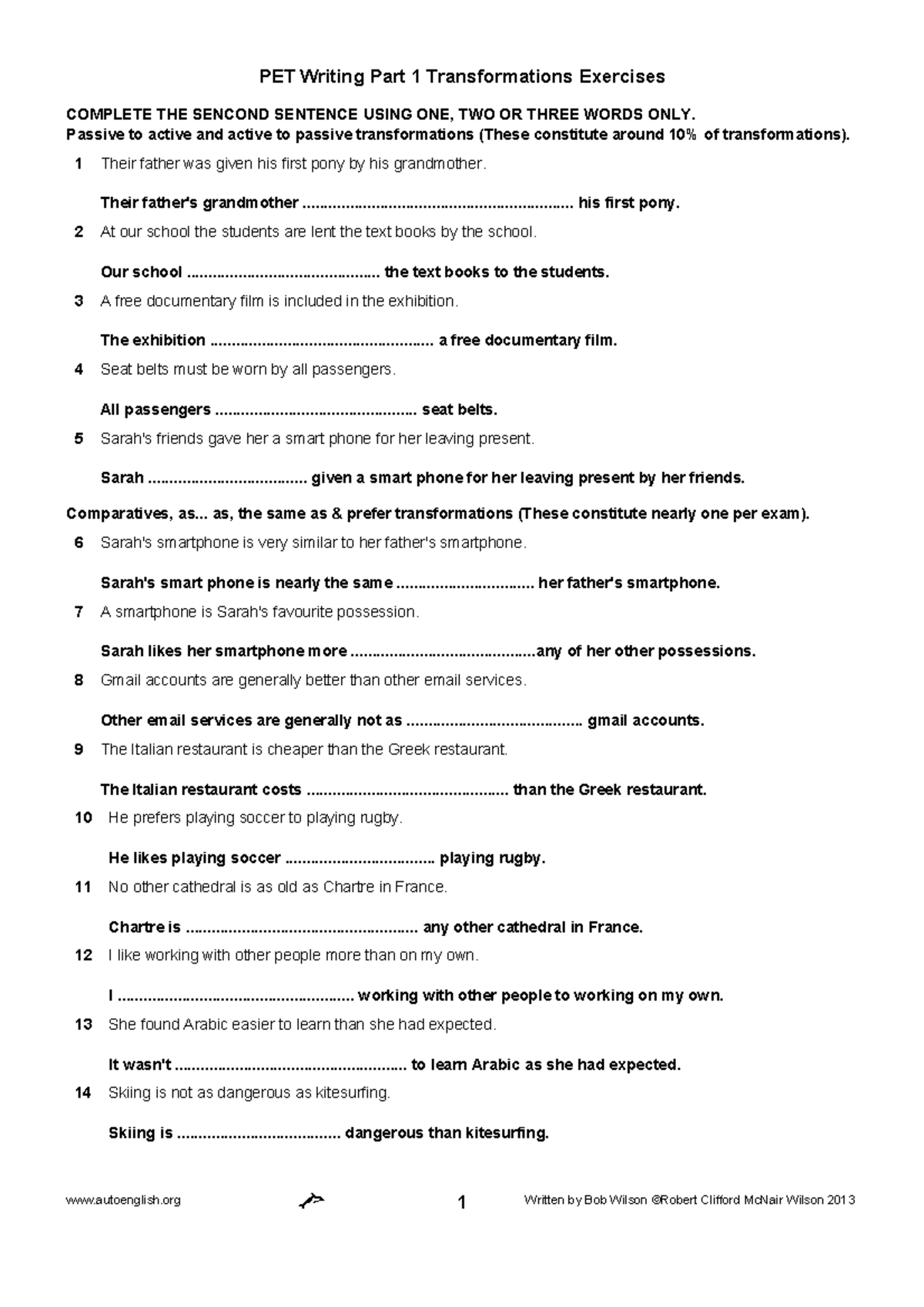 PETWriting Transformations - PET Writing Part 1 Transformations ...