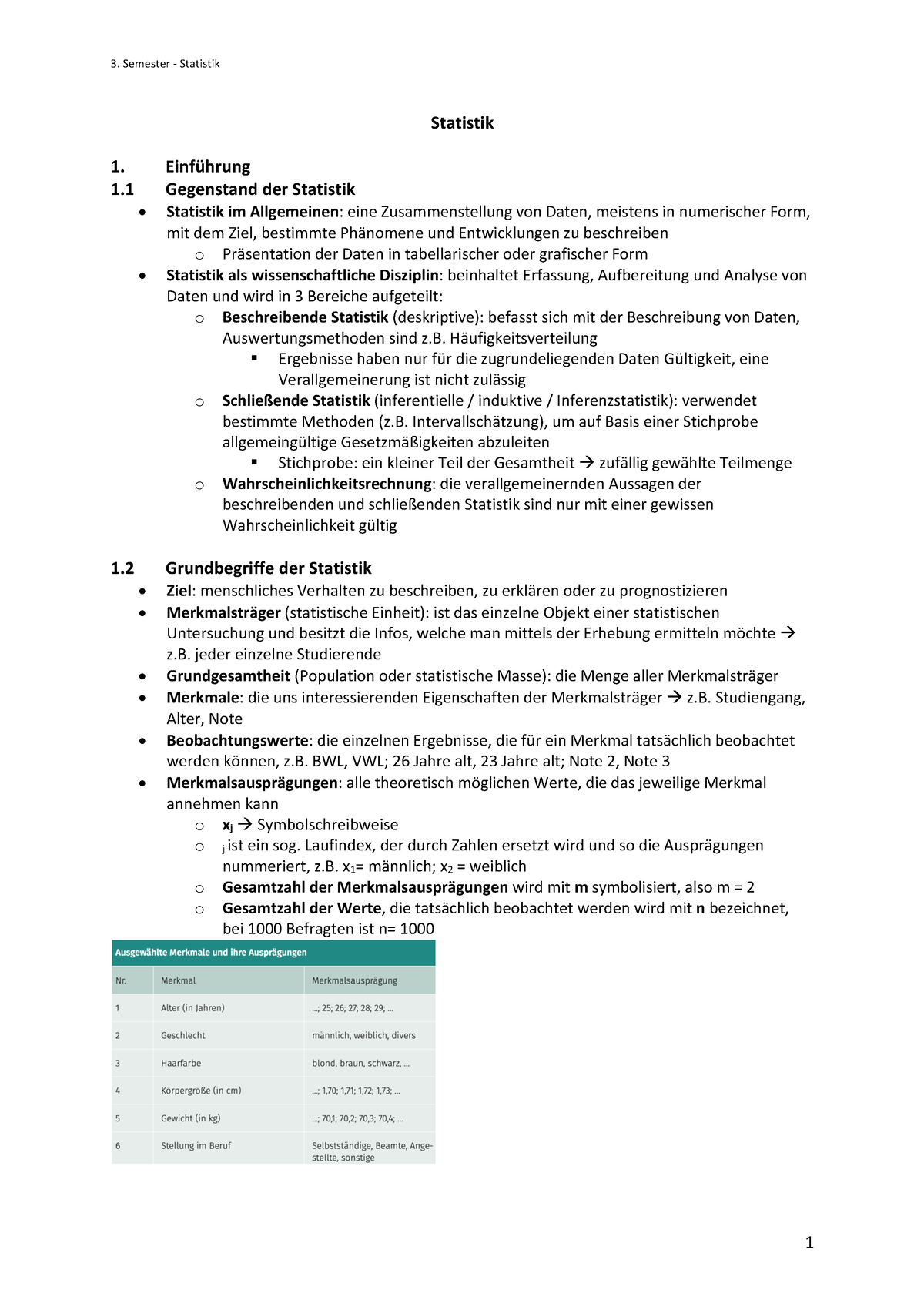 Zusammenfassung Statistik - Statistik 1. Einführung 1 Gegenstand Der ...