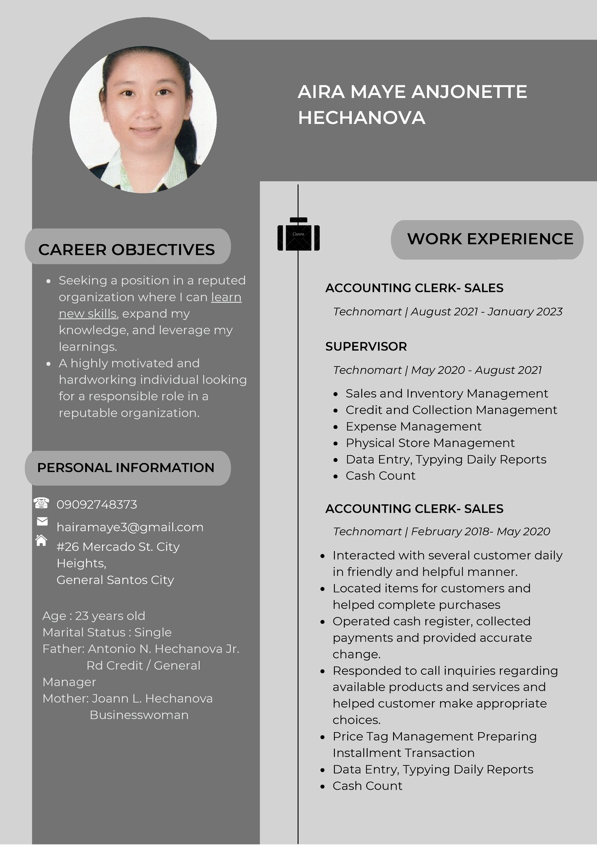 Aira Hechanova Resume Updated - Aira Maye Anjonette Hechanova Career 