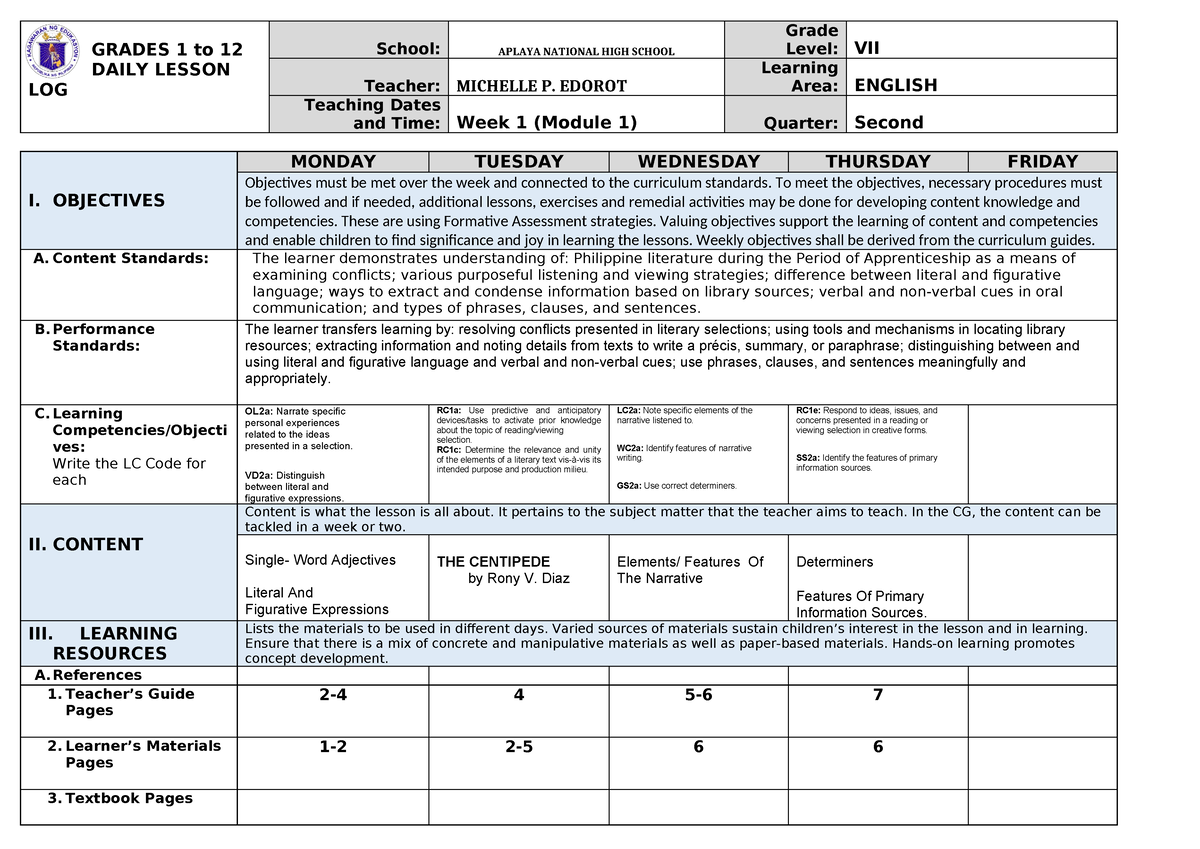 DLL 2nd Quarter Wk1 - Dll - GRADES 1 To 12 DAILY LESSON LOG School ...