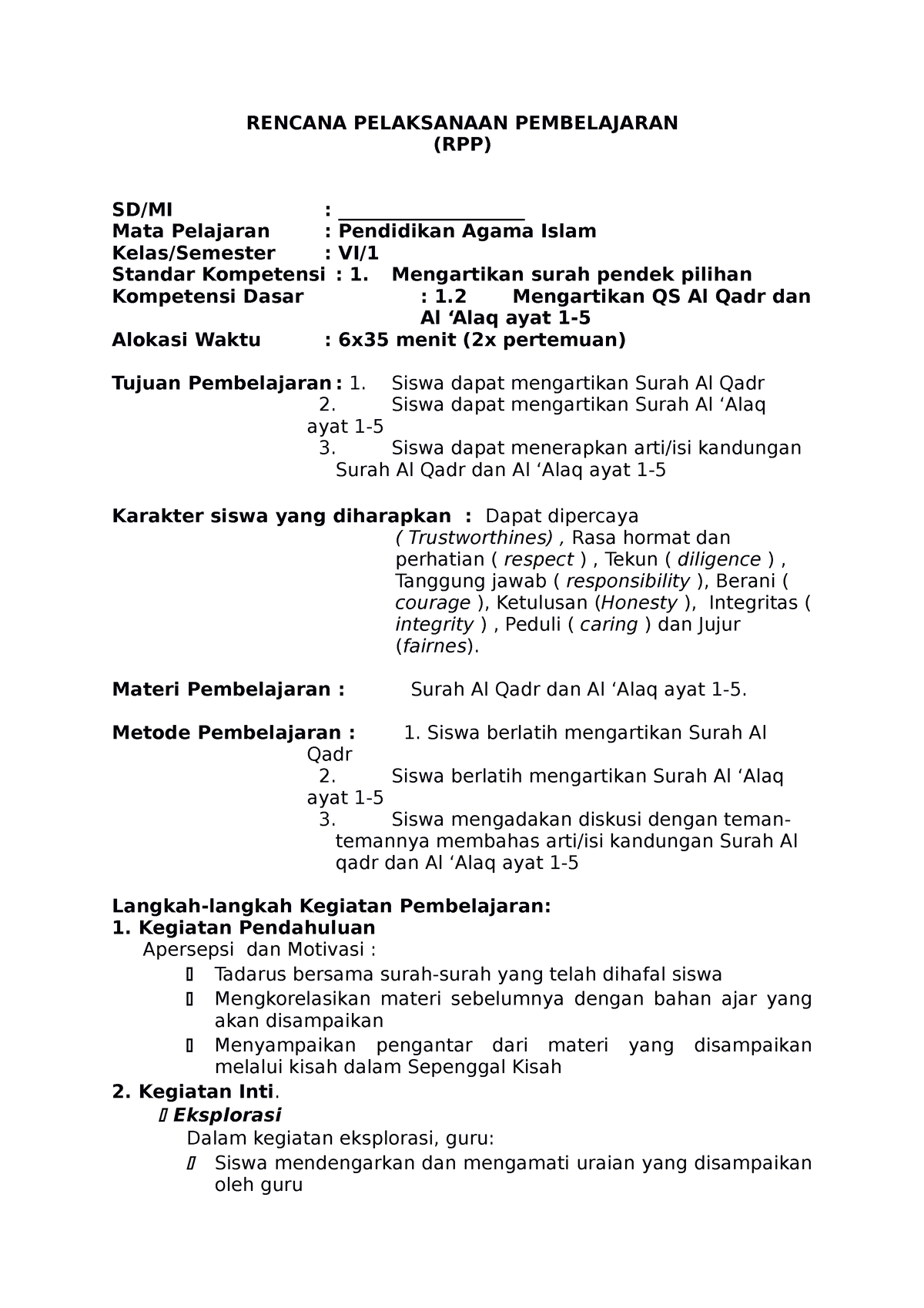 RPP PAI Kelas 6. Semester 1 - RENCANA PELAKSANAAN PEMBELAJARAN (RPP) SD ...