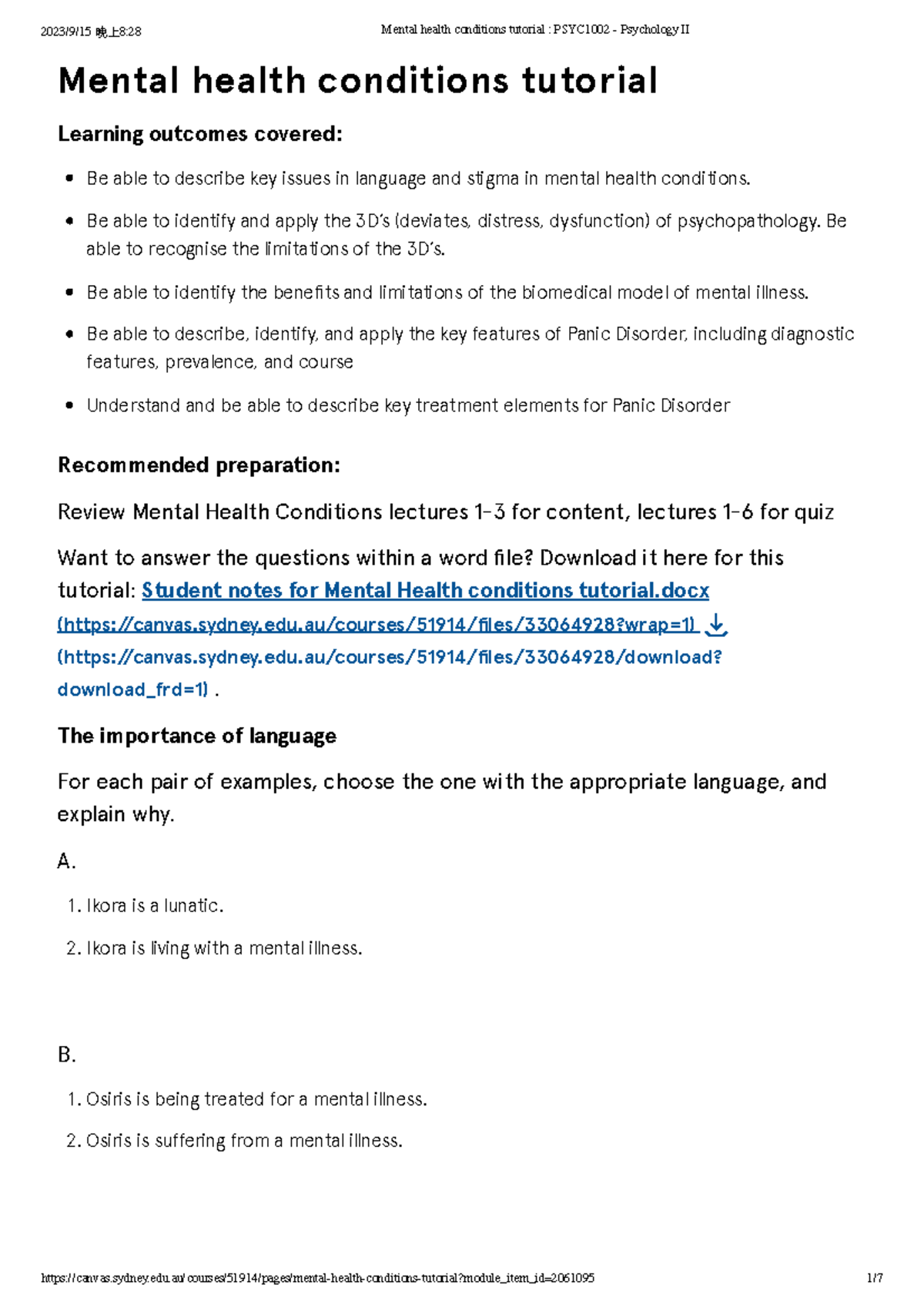 Mental health conditions tutorial PSYC1002 - Psychology II - Mental ...