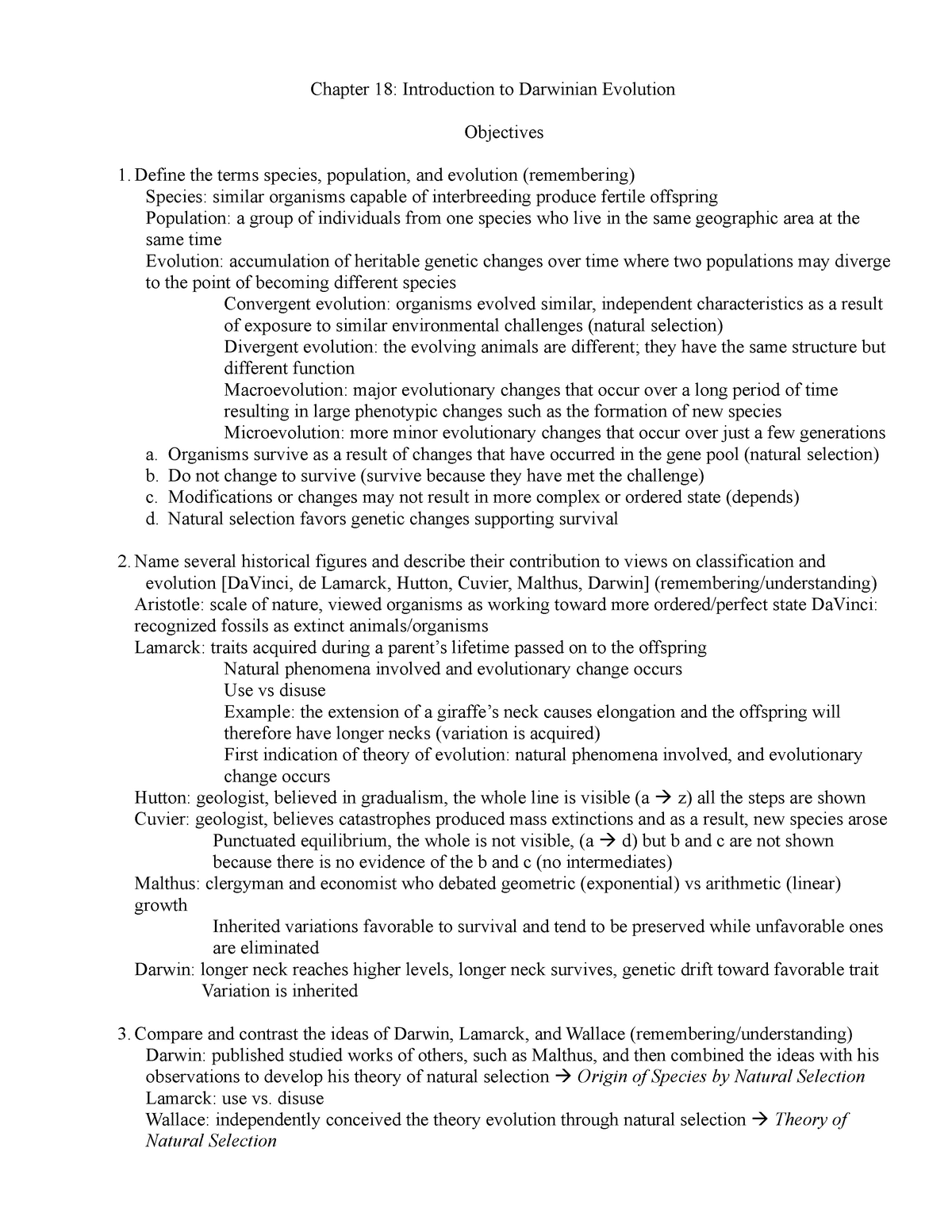 103 Chapter 18 Notes Filled Chapter 18 Introduction To Darwinian Evolution Objectives 4512