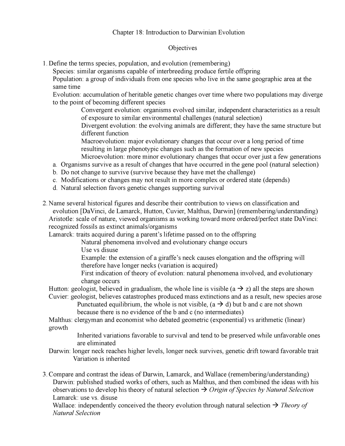 103 Chapter 18 Notes Filled Chapter 18 Introduction To Darwinian Evolution Objectives 3434